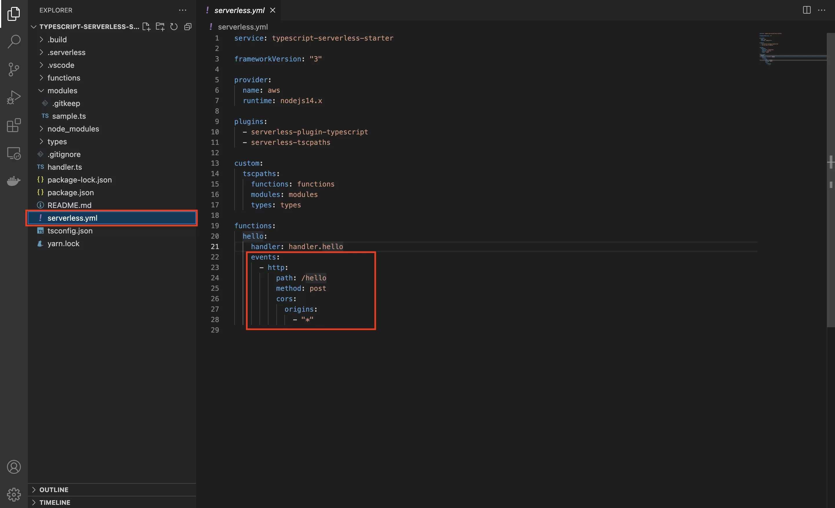A screenshot of VSCode showing our updated serverless.yml file with the code that's required to convert a function into an API. Code sample provided below.
