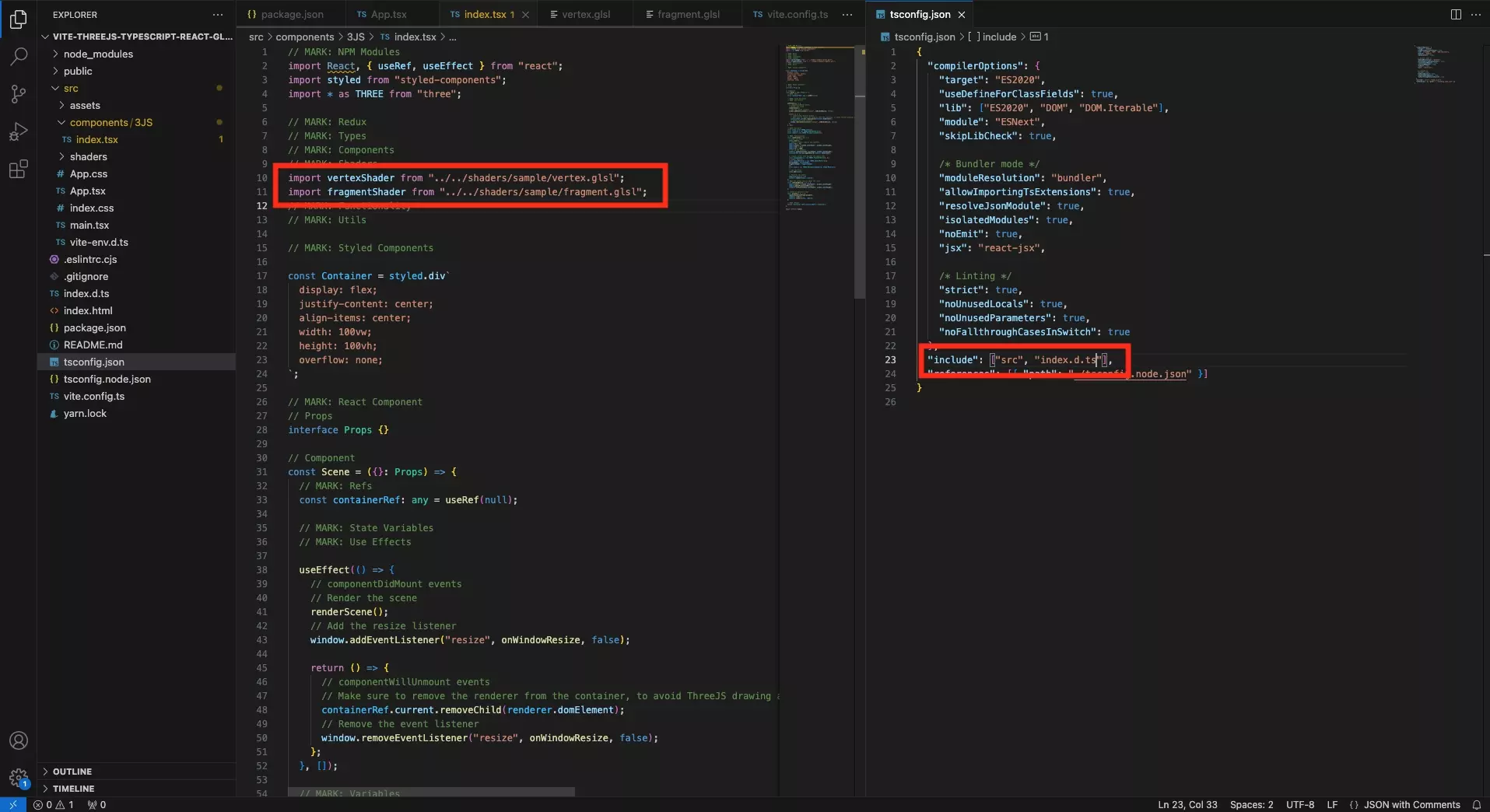 A screenshot of VSCode that shows the TSConfig file which highlights that the index.d.ts is now included. On the left side it shows that the error from the import no longer exists.