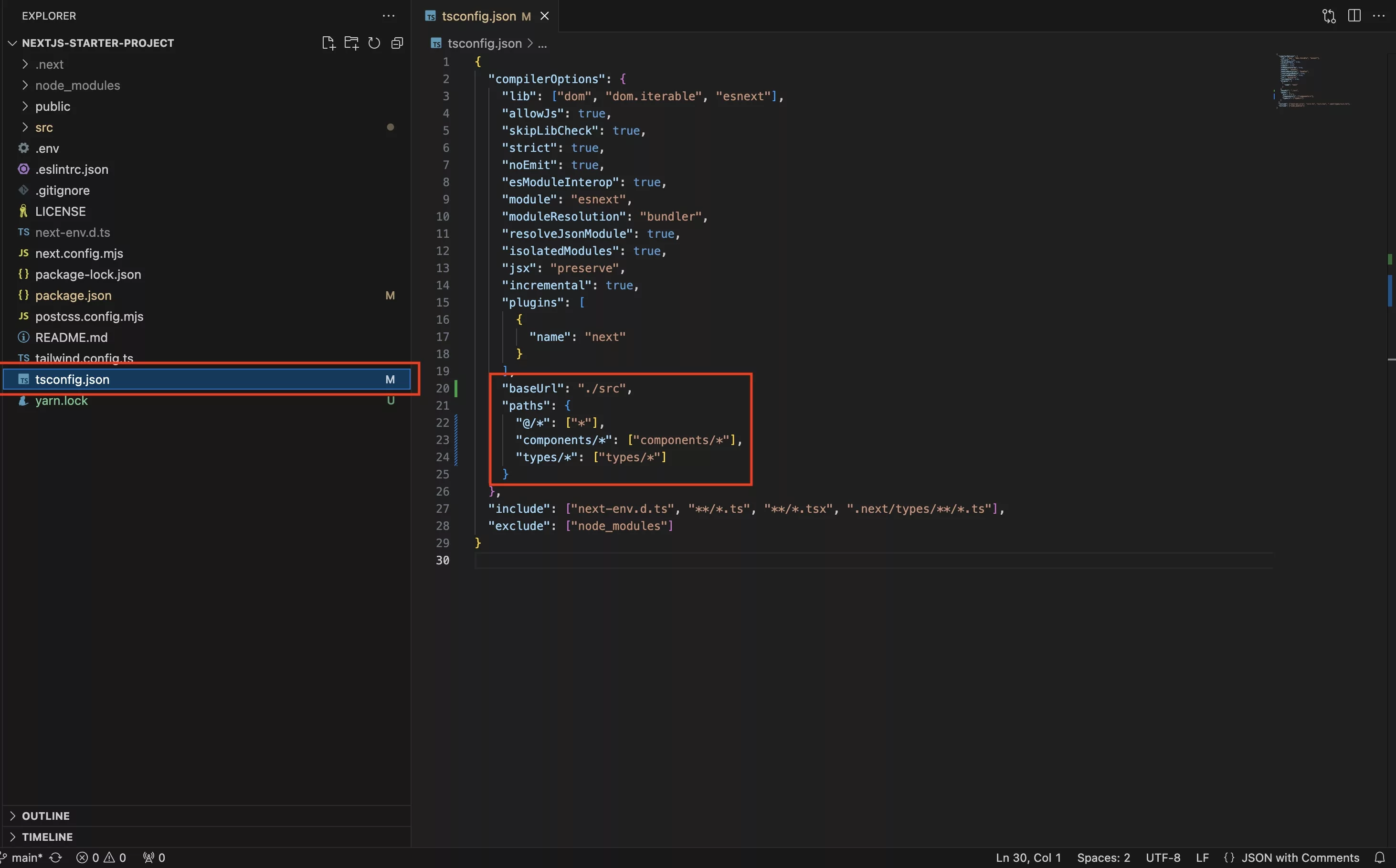A screenshot of VSCode highlighting the changes we made to the tsconfig.json file. Code snippet available below.