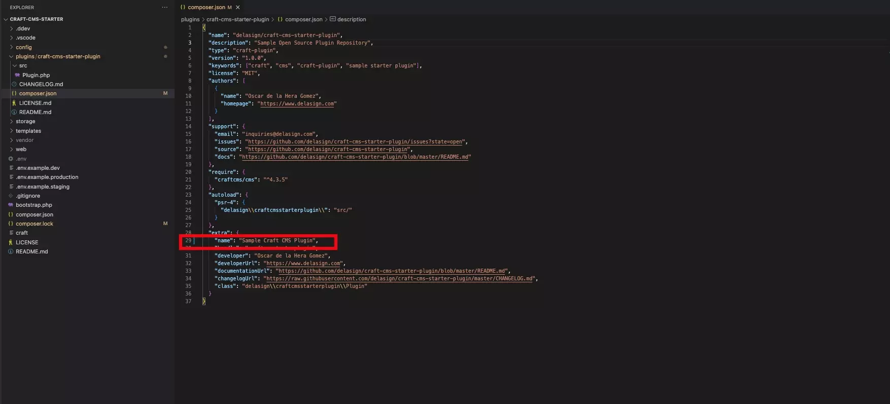 A screenshot of VSCode with a highlight on where you should update the title.