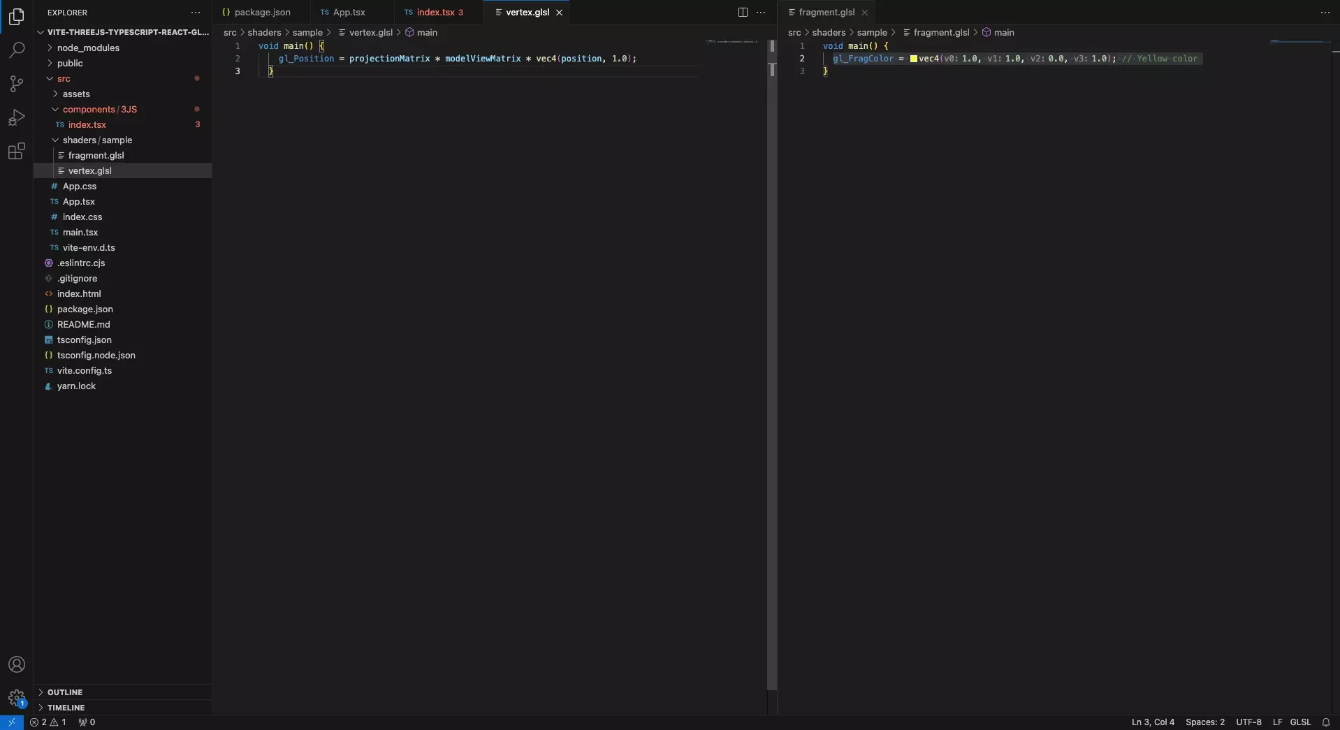 A screenshot of VSCode showing how we updated the vertex and fragment files to glsl.