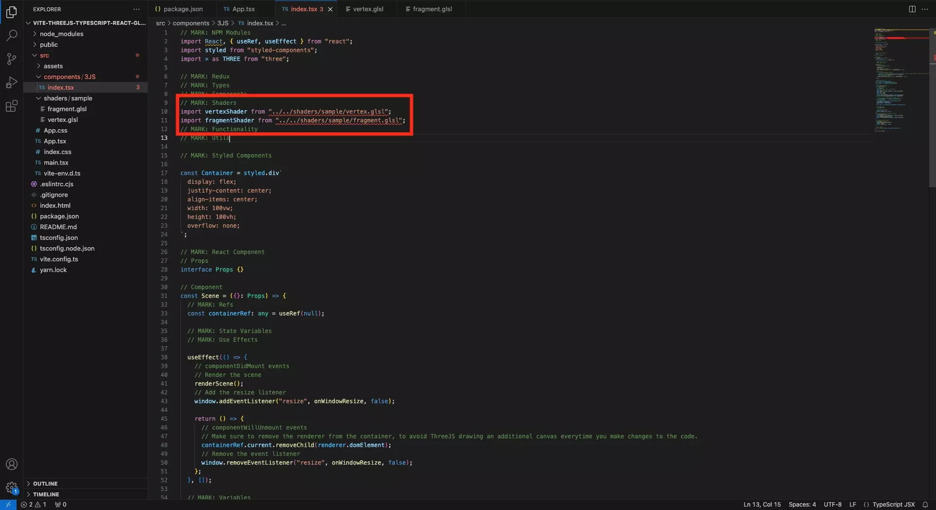 A screenshot of VSCode showing how we updated the imports to use .glsl.