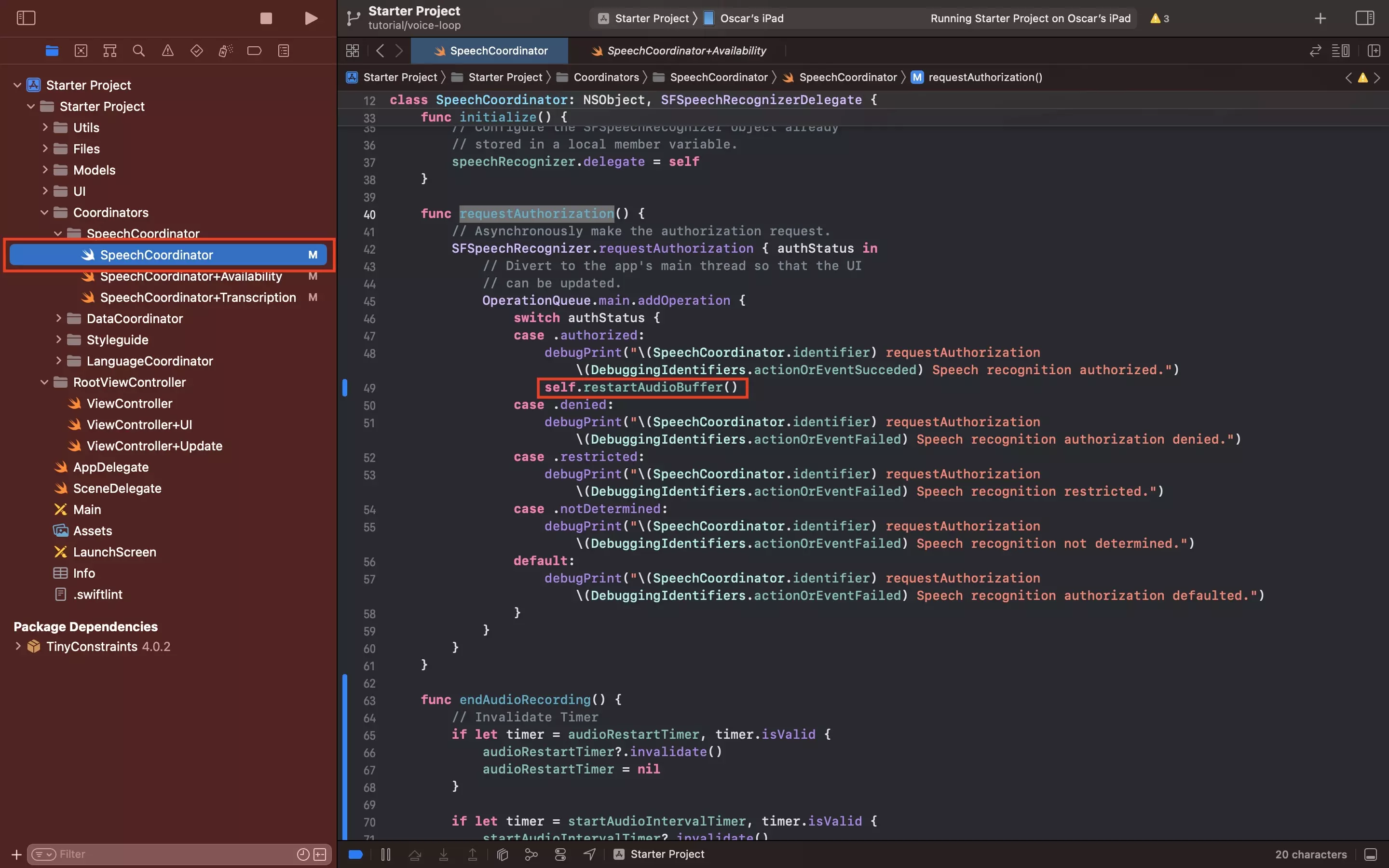 The SpeechCoordinator.swift file with a highlight on the requestAuthroization function, where we have replaced the attempt to transcribe audio with the looping functionality.