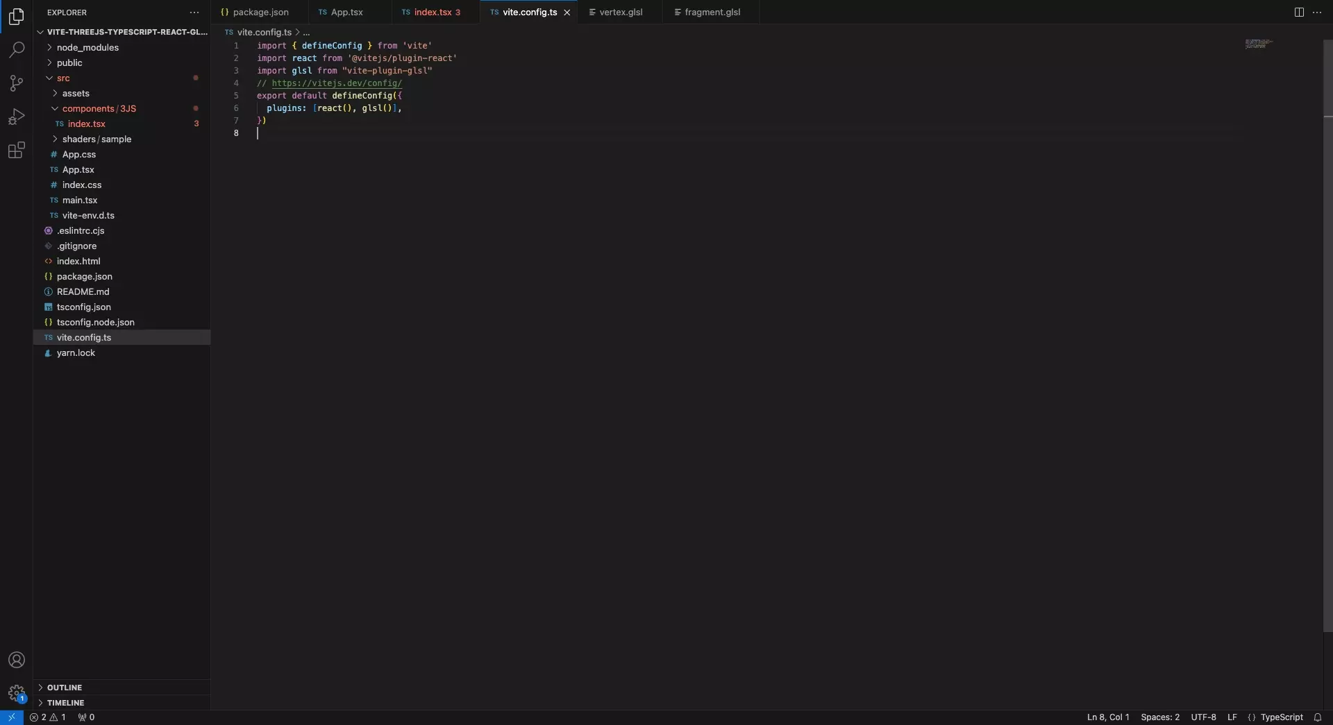 A screenshot of VSCode showing how we updated the vite.config.js file to include the vite glsl plugin.