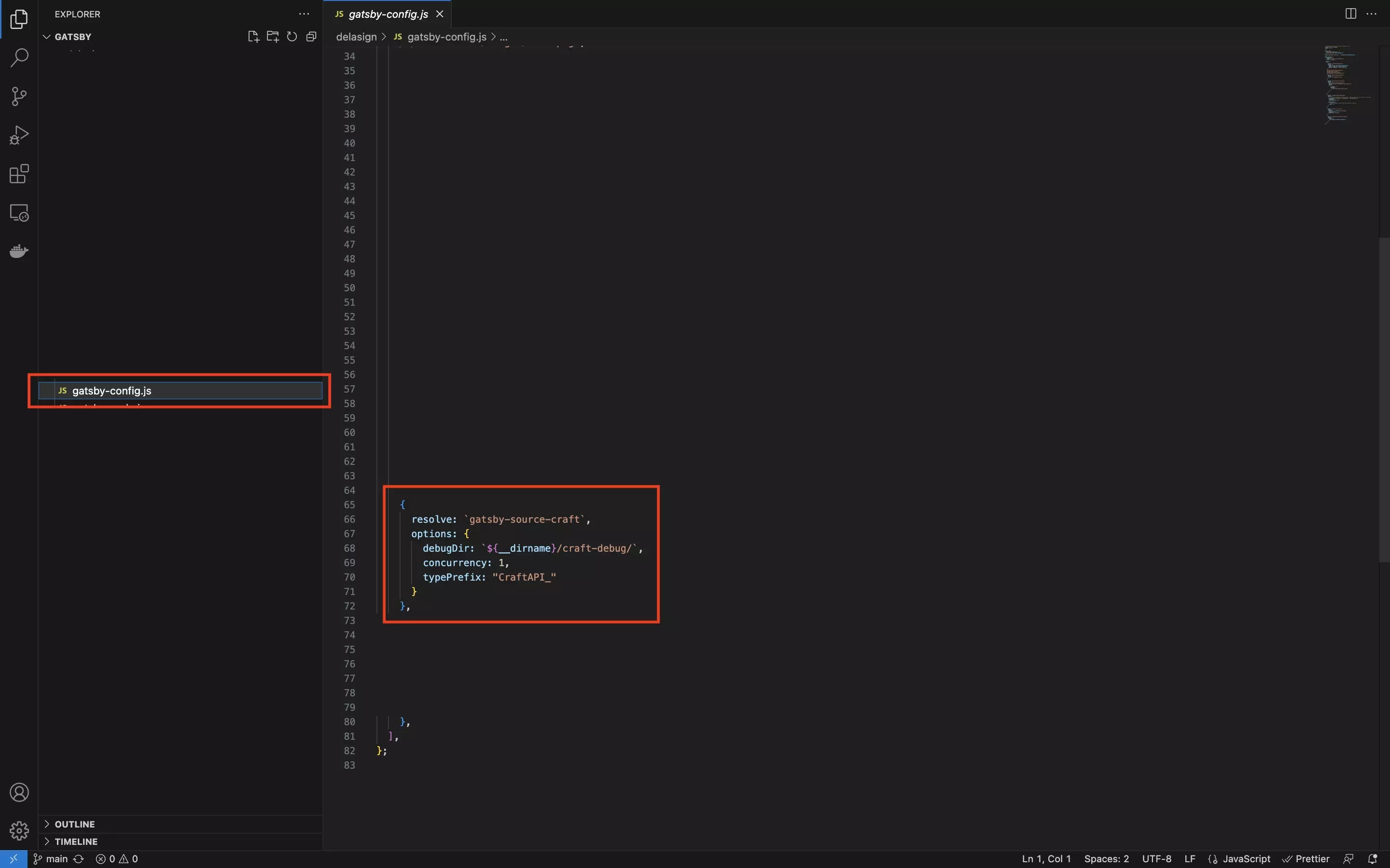 <p>A screenshot of VSCode showing how we added the gatsby-source-craft plugin to the gatsby-config.js file. Code available below.</p>