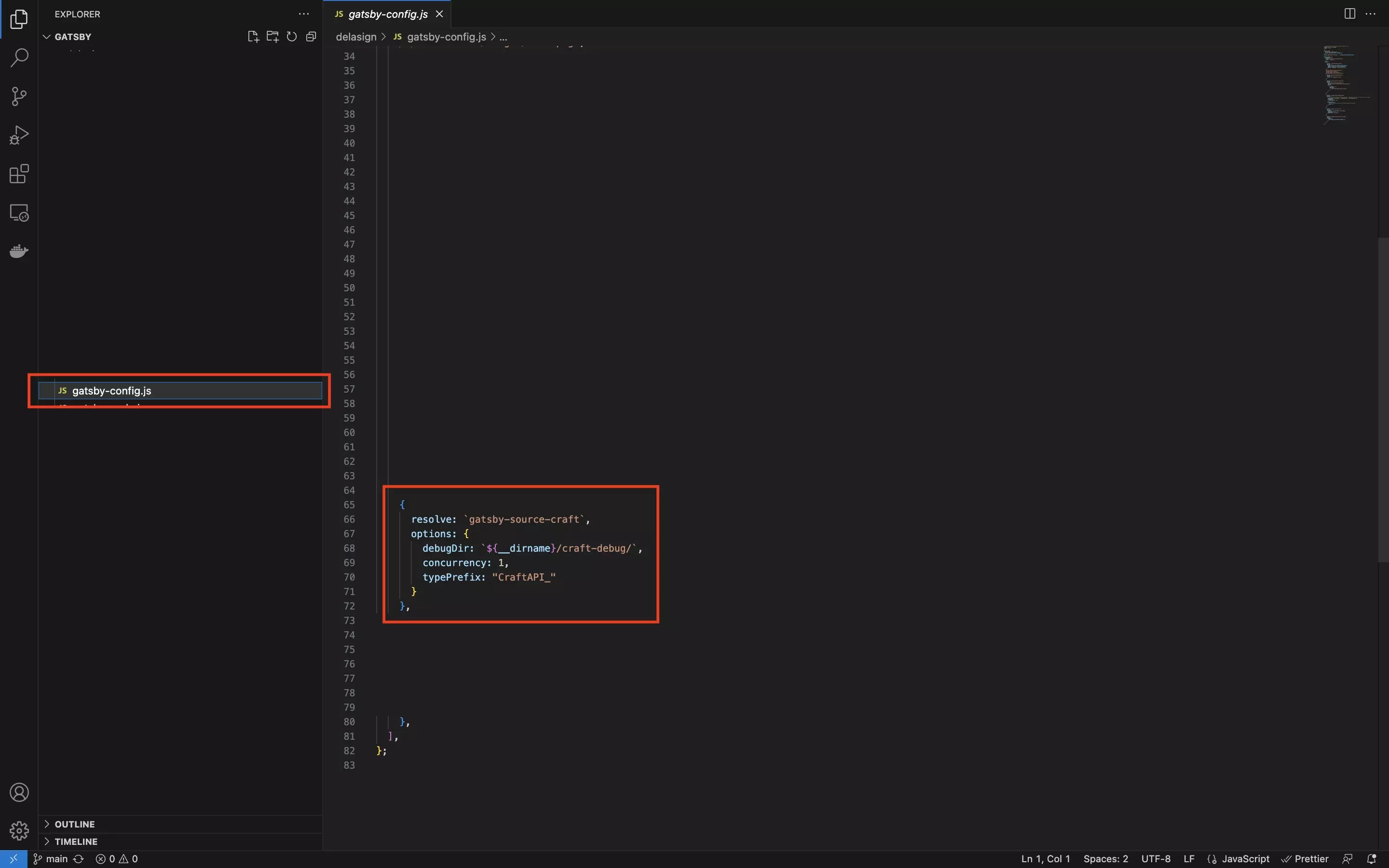 A screenshot of VSCode showing how we added the gatsby-source-craft plugin to the gatsby-config.js file. Code available below.