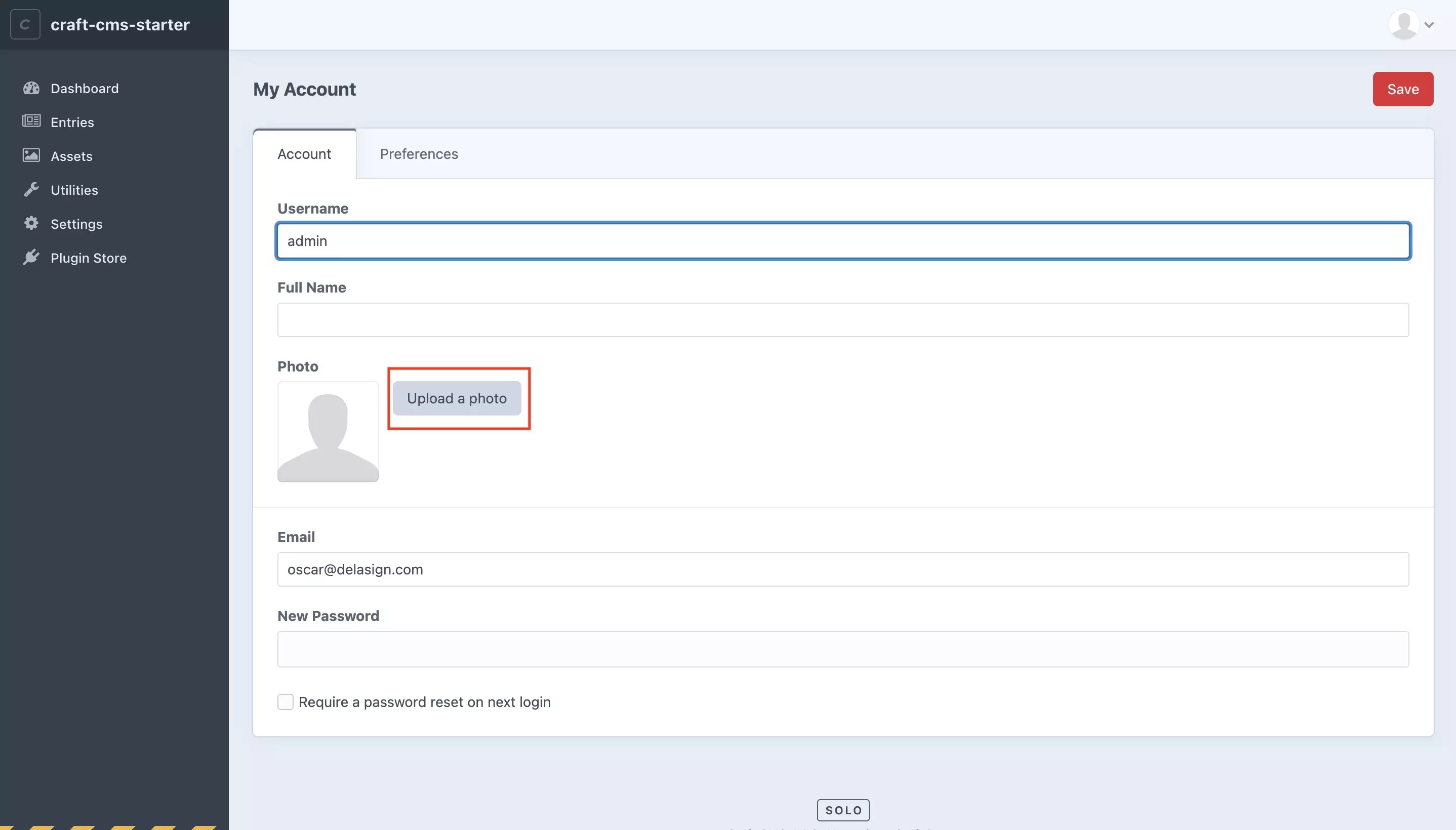 A screenshot of the Craft CMS account screen with a highlight on the Upload a Photo button. Press it to upload a photo for your user through the file browser that appears.