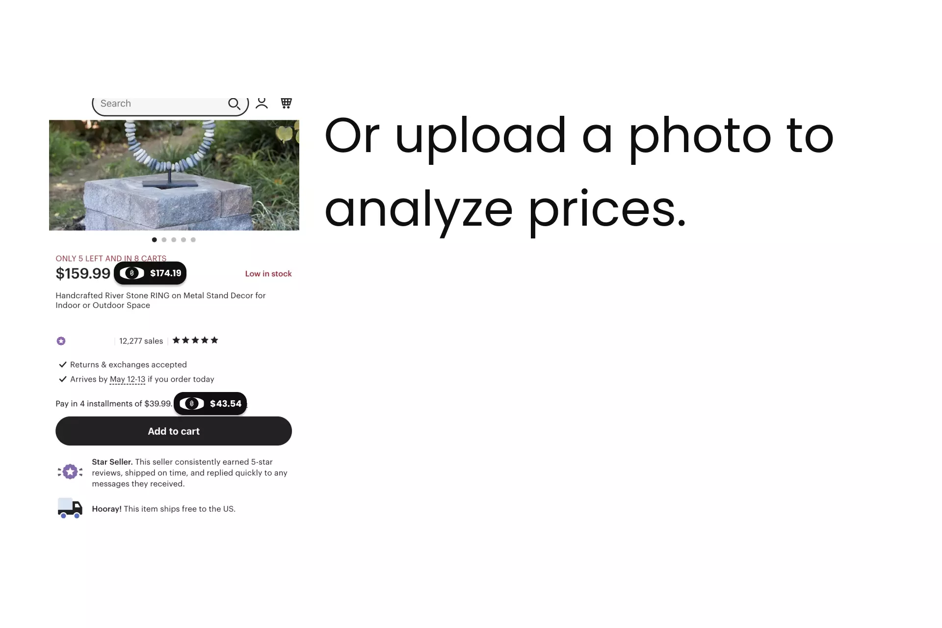 A picture of a website with price after tags showing the prices of the website after tip and tax. Next to the imagery appears the text "Or upload a photo to analyze prices."