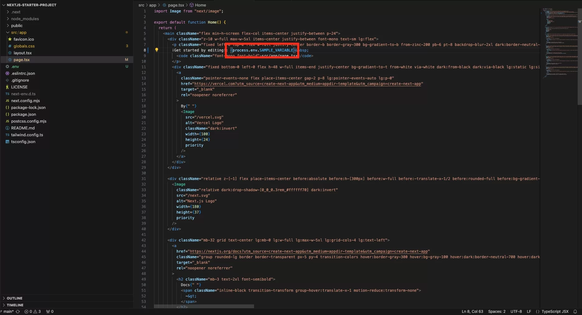 A screenshot of VSCode showing how we used the environment variable through process.env.SAMPLE_VARIABLE.
