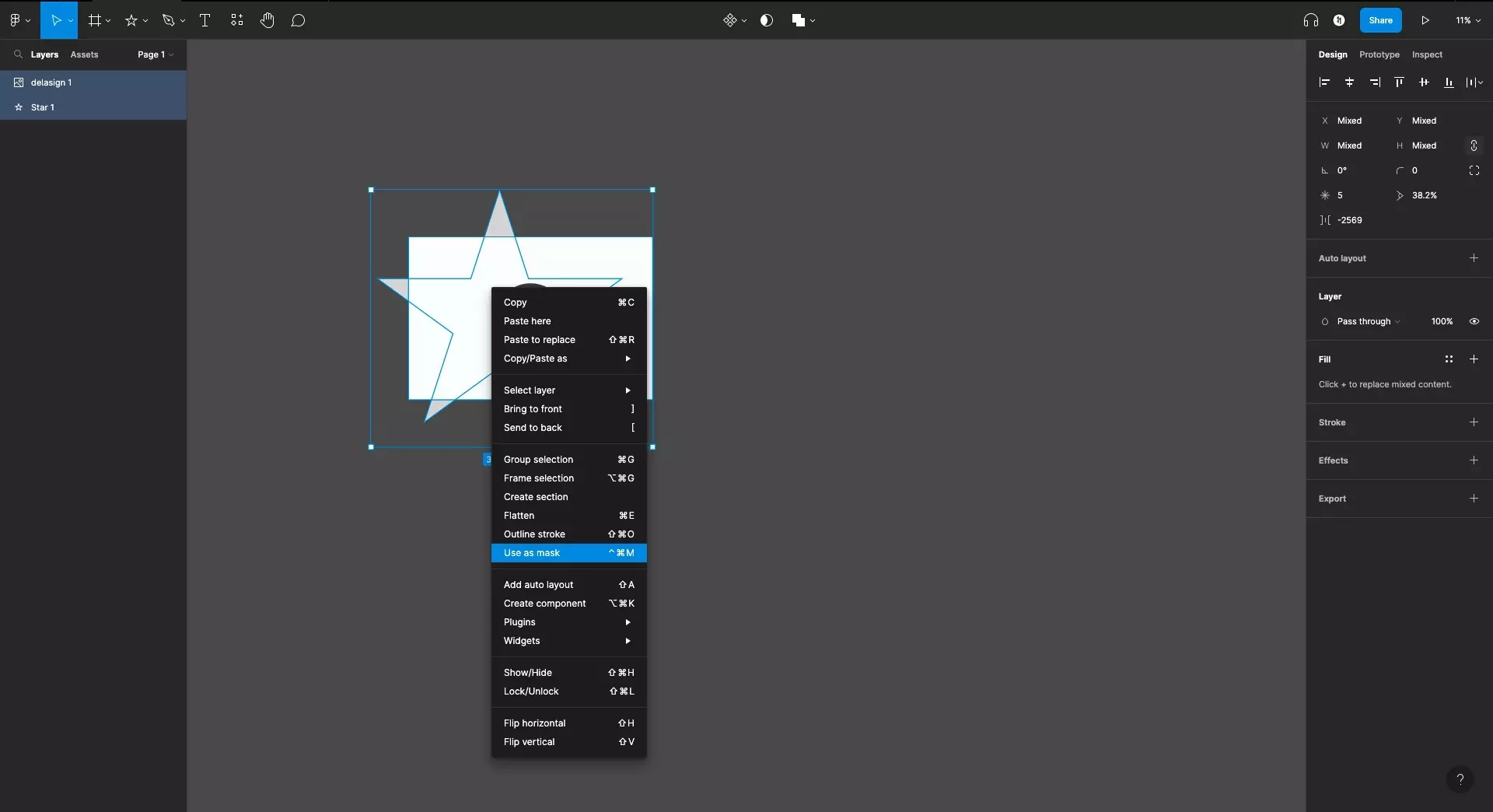 A screenshot of Figma with both the delasign logo and a star selected, with the menu that appears when you right click after selecting both. On this pop up menu that appears after right clicking, we have highlighted "Use as mask" which must be selected to apply the mask.