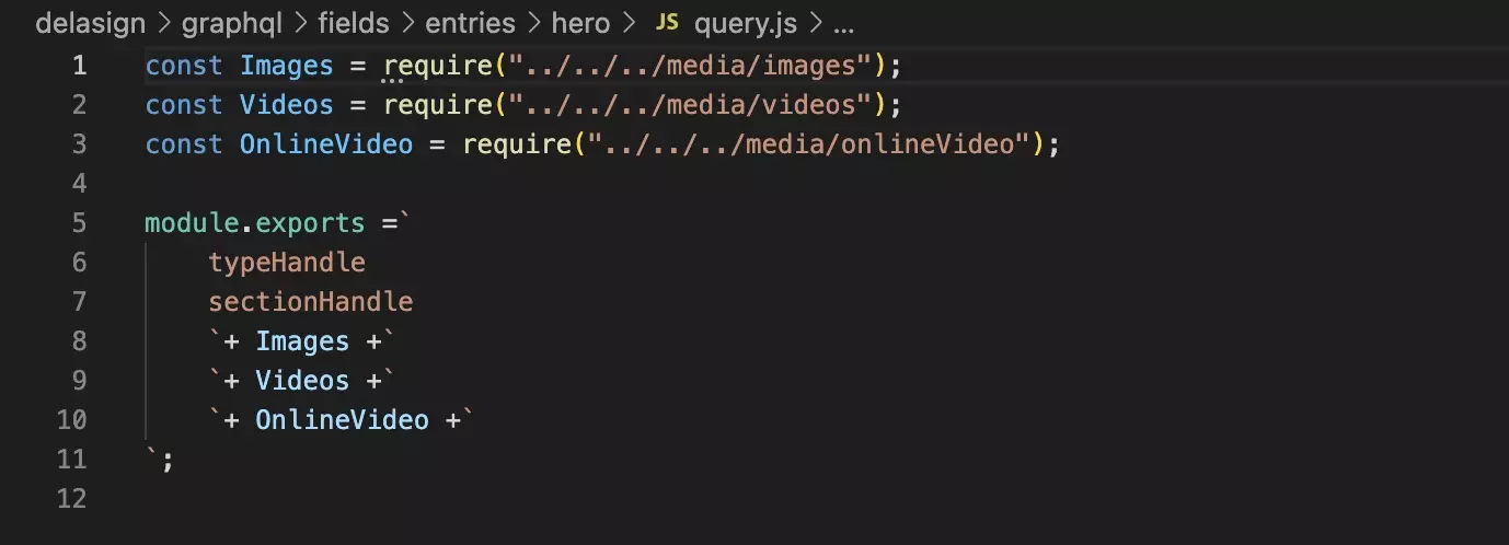 A screenshot of VSCode showing a reusable Image GraphQL query being used within a reusable Hero query.