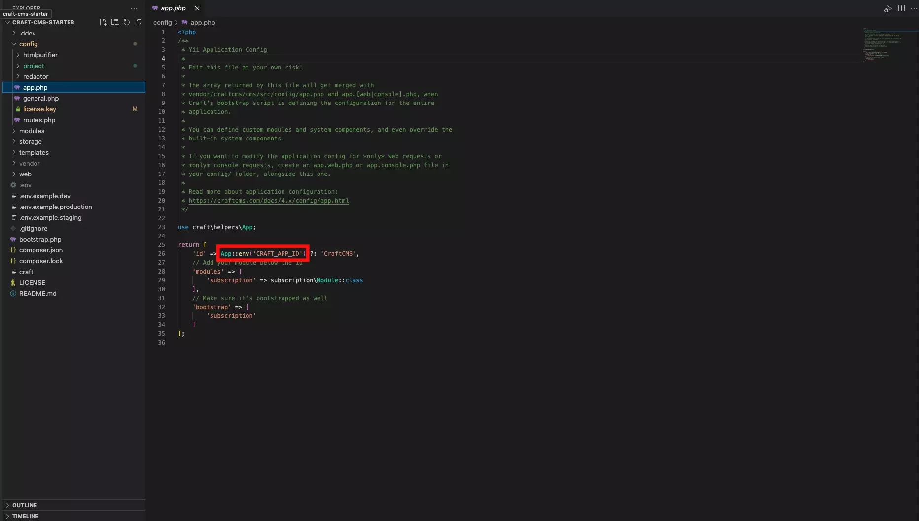 A screenshot of VSCode showing you how to use an environment variable in Craft CMS.