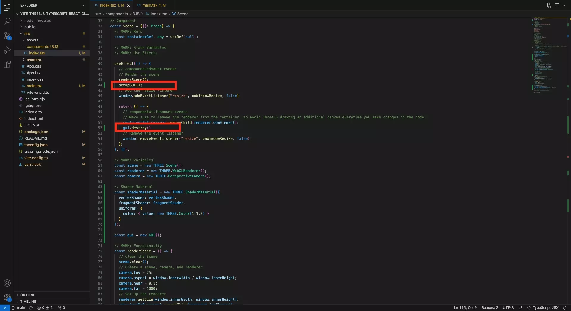 A screenshot of VSCode showing you how to update the useEffect function to setup the GUI and to destroy it to avoid errors on hot reload.