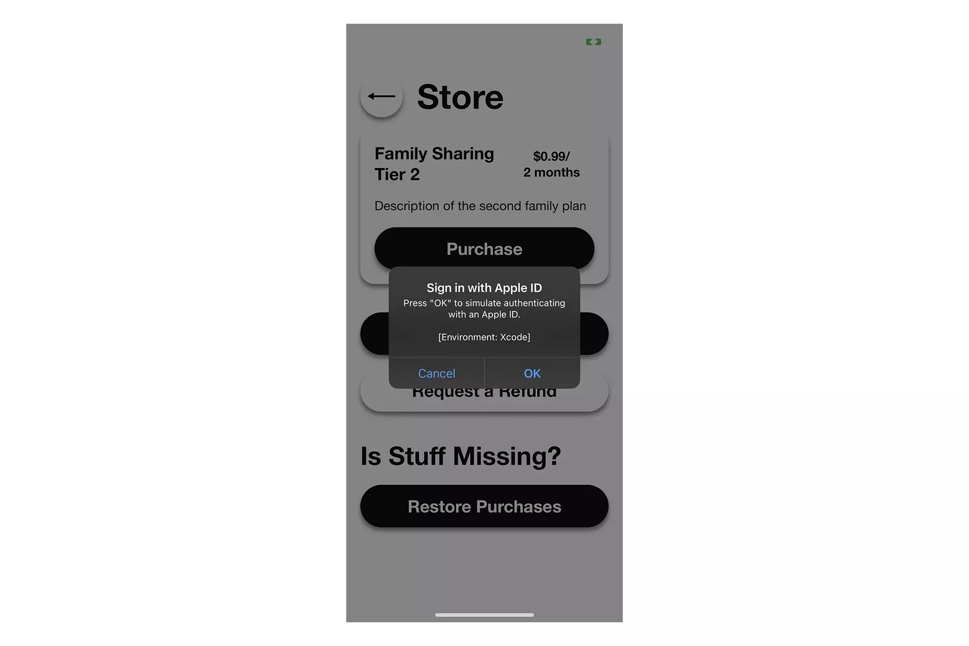 A screenshot of an iOS app showing the restore purchases alert that appears when you verify that the code in this tutorial works.