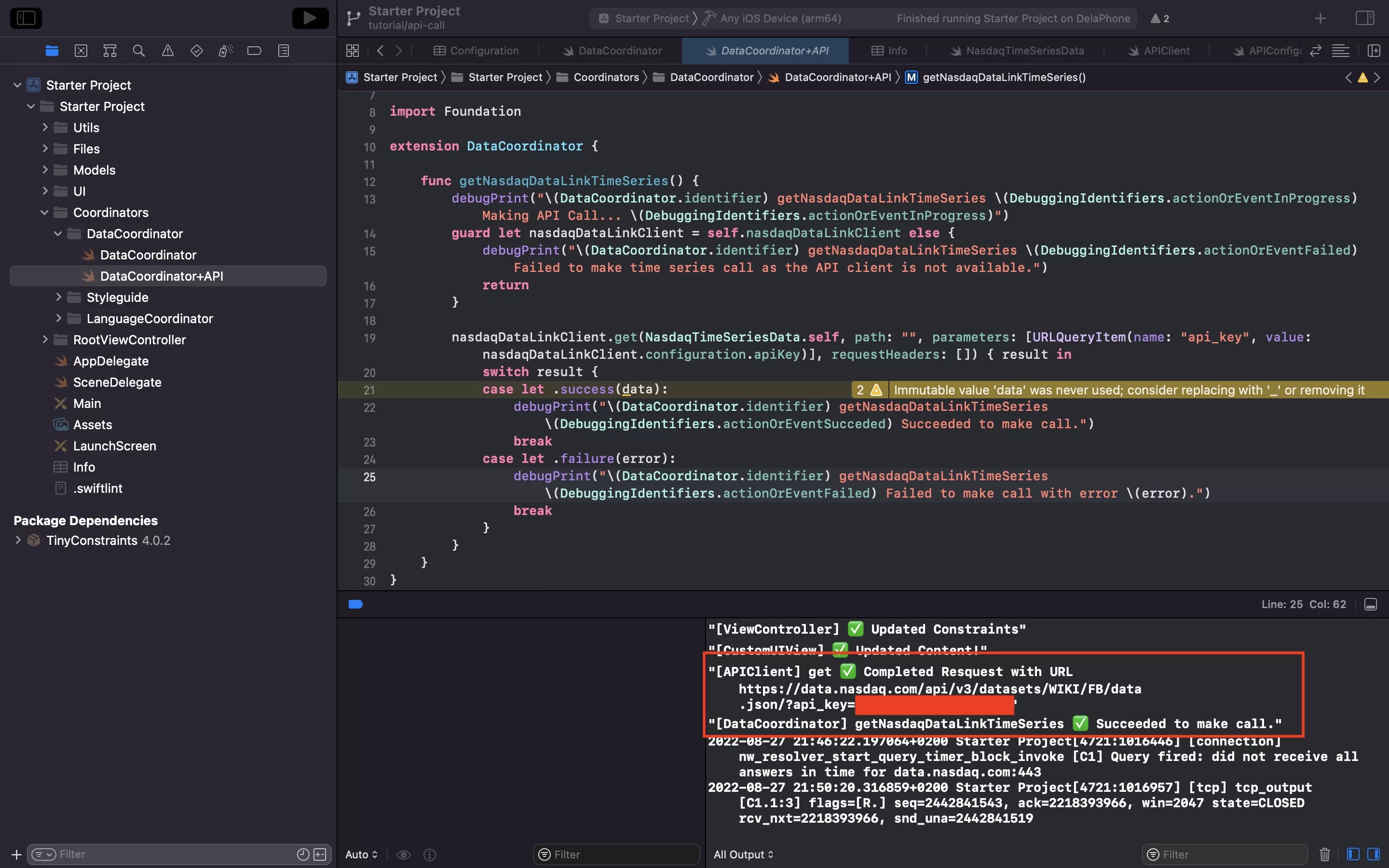 A screenshot of the code for the API call and the verification, highlighting how the XCode logs verify the API call.