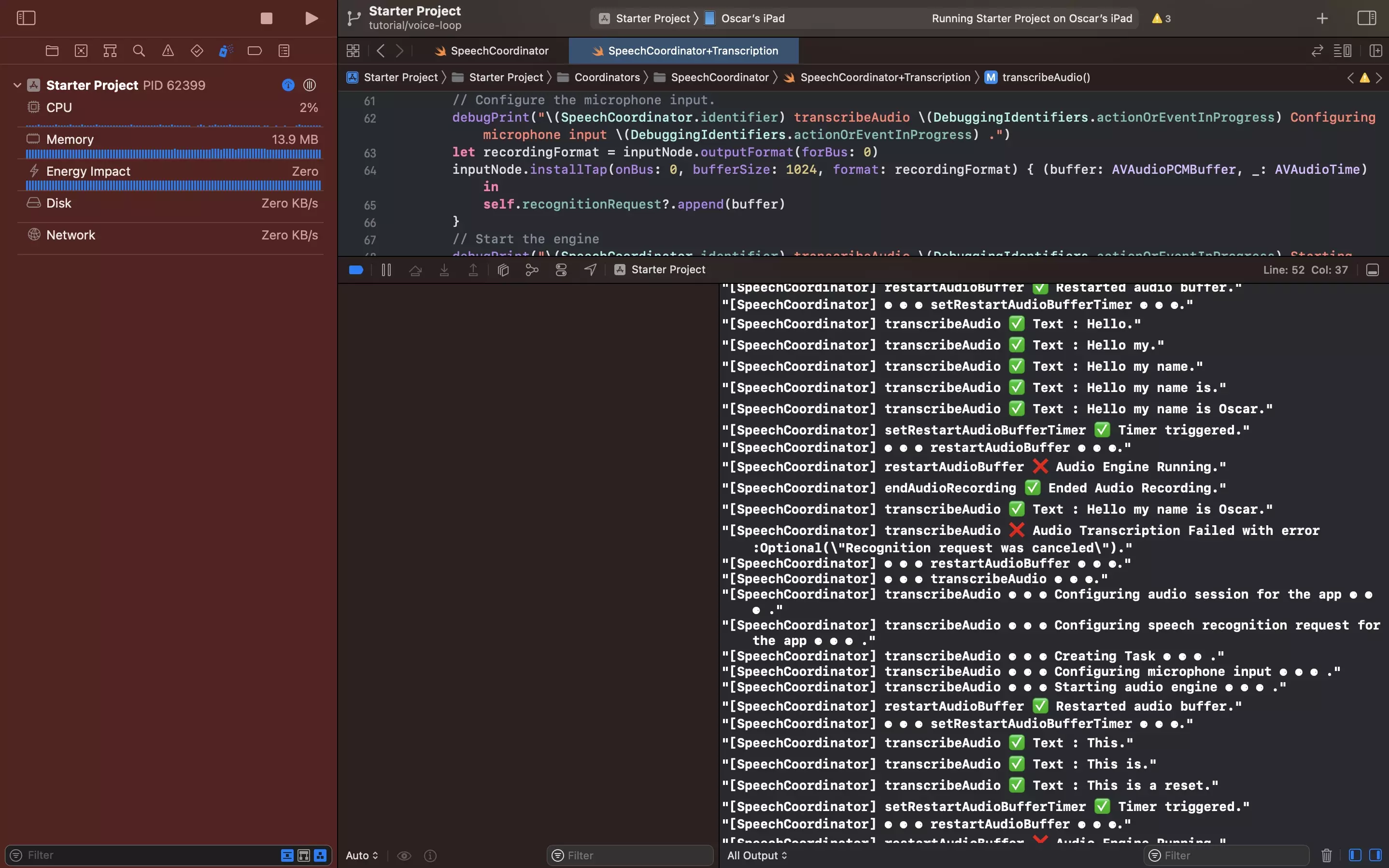 A screenshot of Xcode showing the looping functionality working.