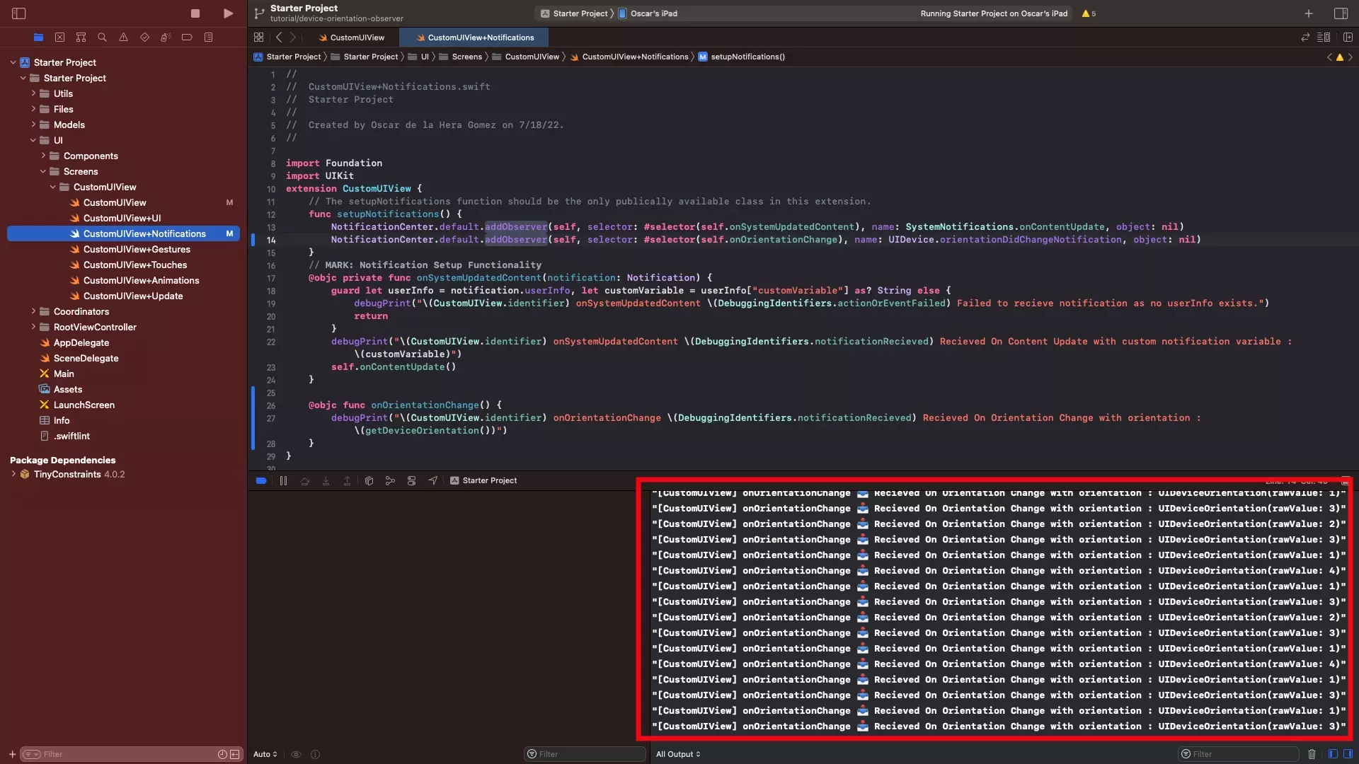 A screenshot of XCode with a highlight on the console showing the results of this tutorial.