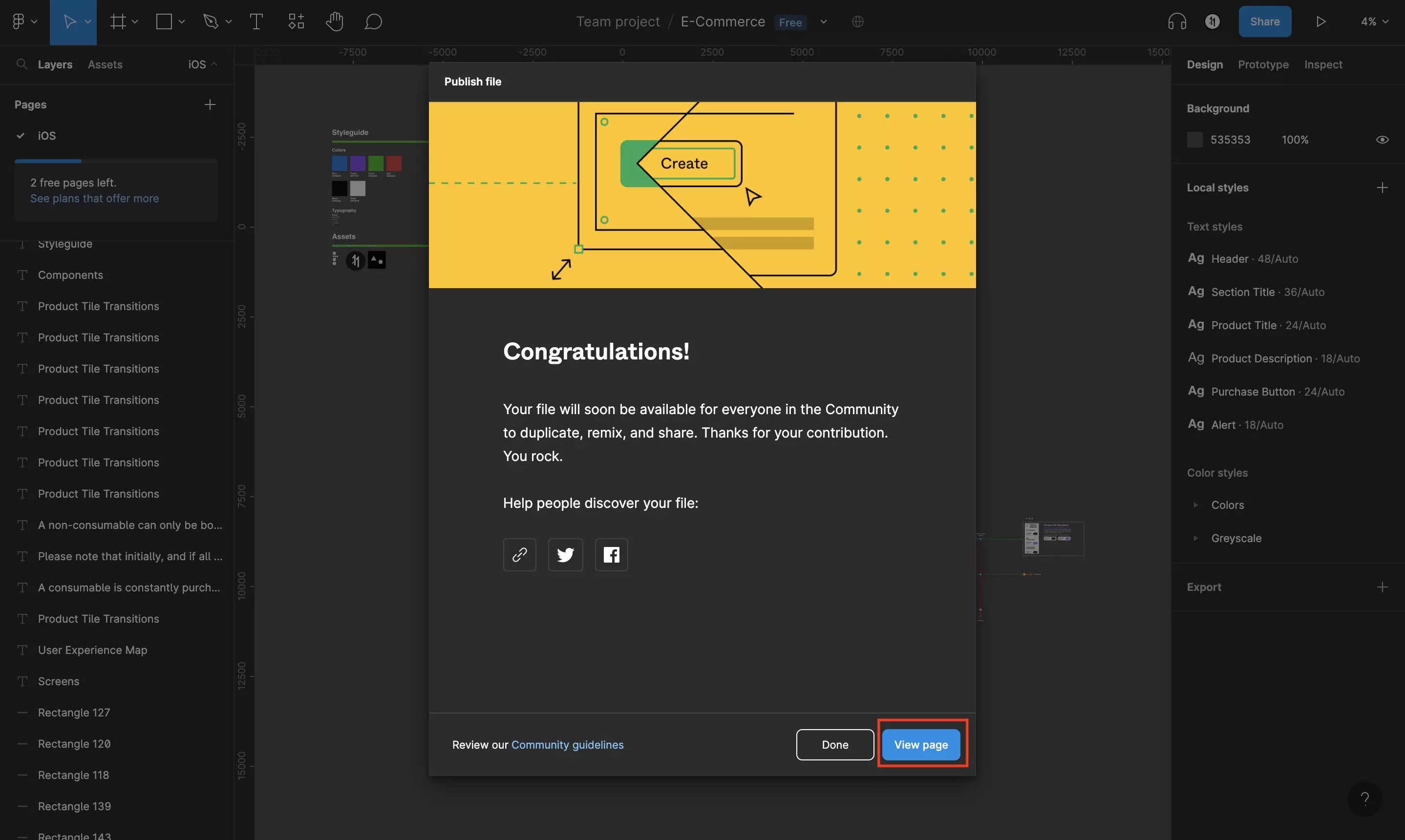 A screenshot of the Modal that appears in Figma once you have successfully published a design file. Click View Page on the bottom right to be taken to the published design file page within the Figma Community.