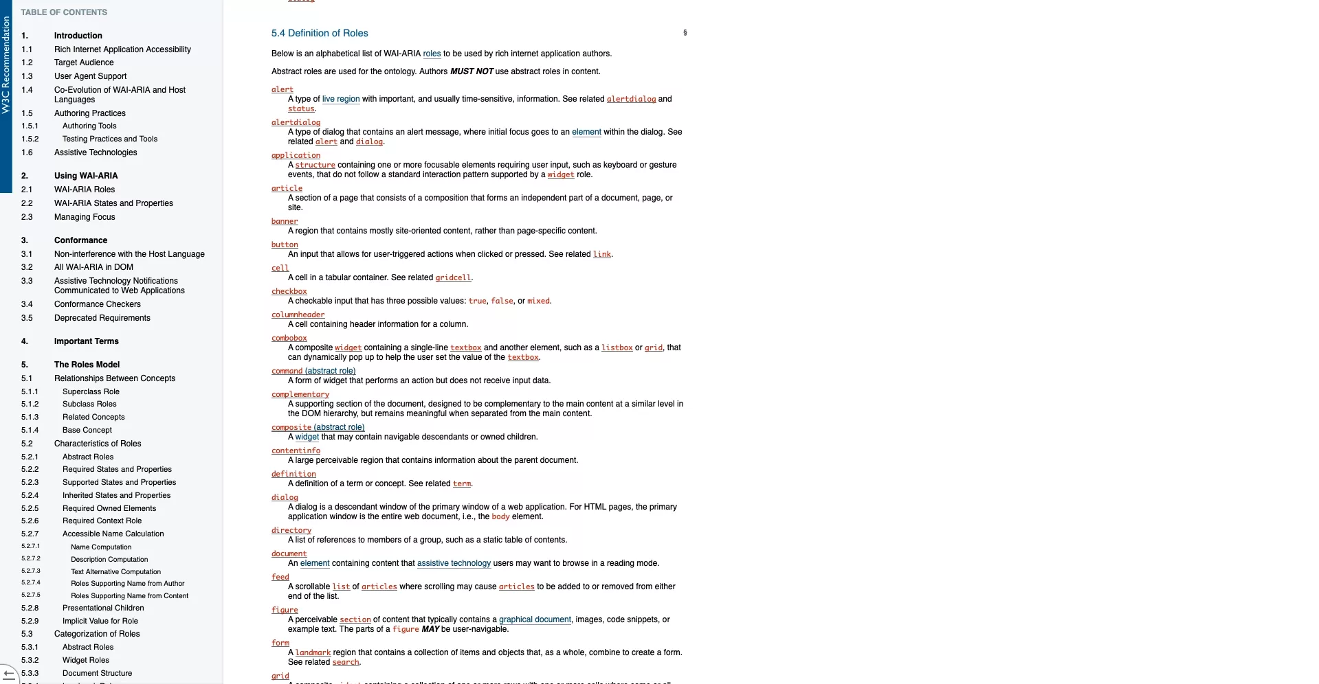 A screenshot of the World Wide Consortium (W3C) Accessible Rich Internet Applications (WAI-ARIA) 1.1 specification that shows the WAI ARIA Role descriptions.