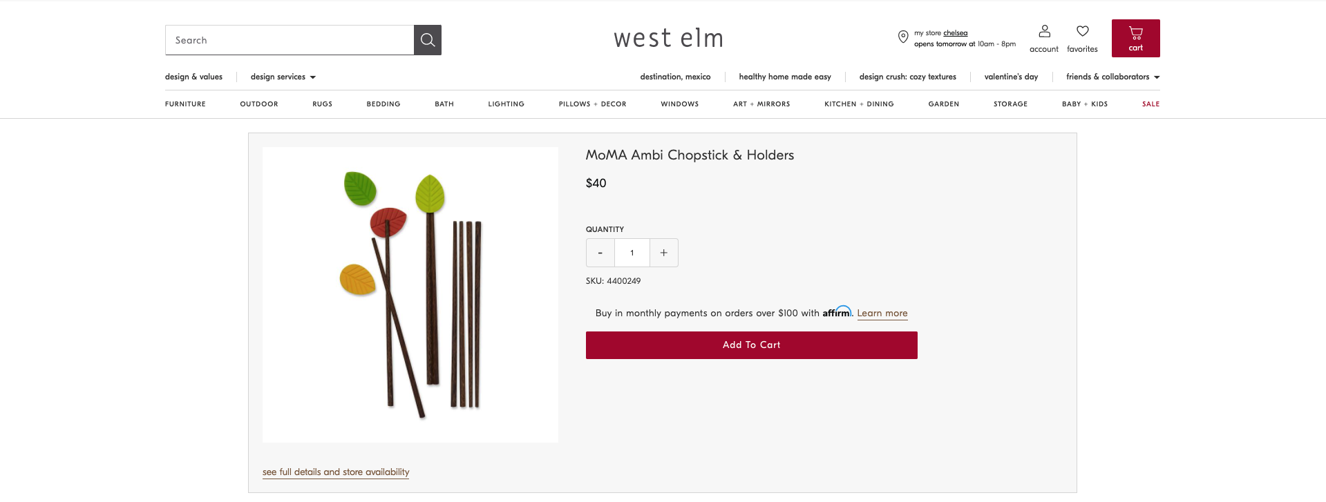 A picture of the Ambi Chopsticks and Holders in the West Elm website.