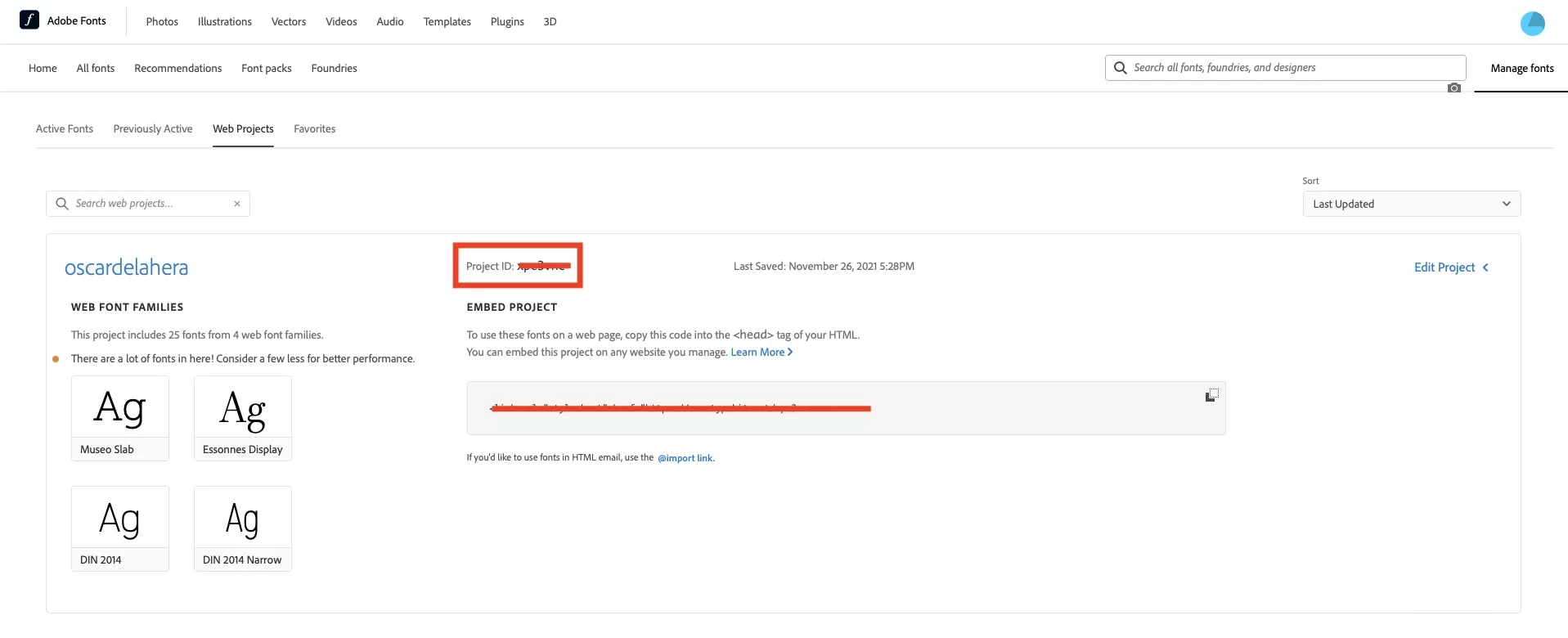 A screenshot of Adobe Fonts showing you where to find the Project ID.