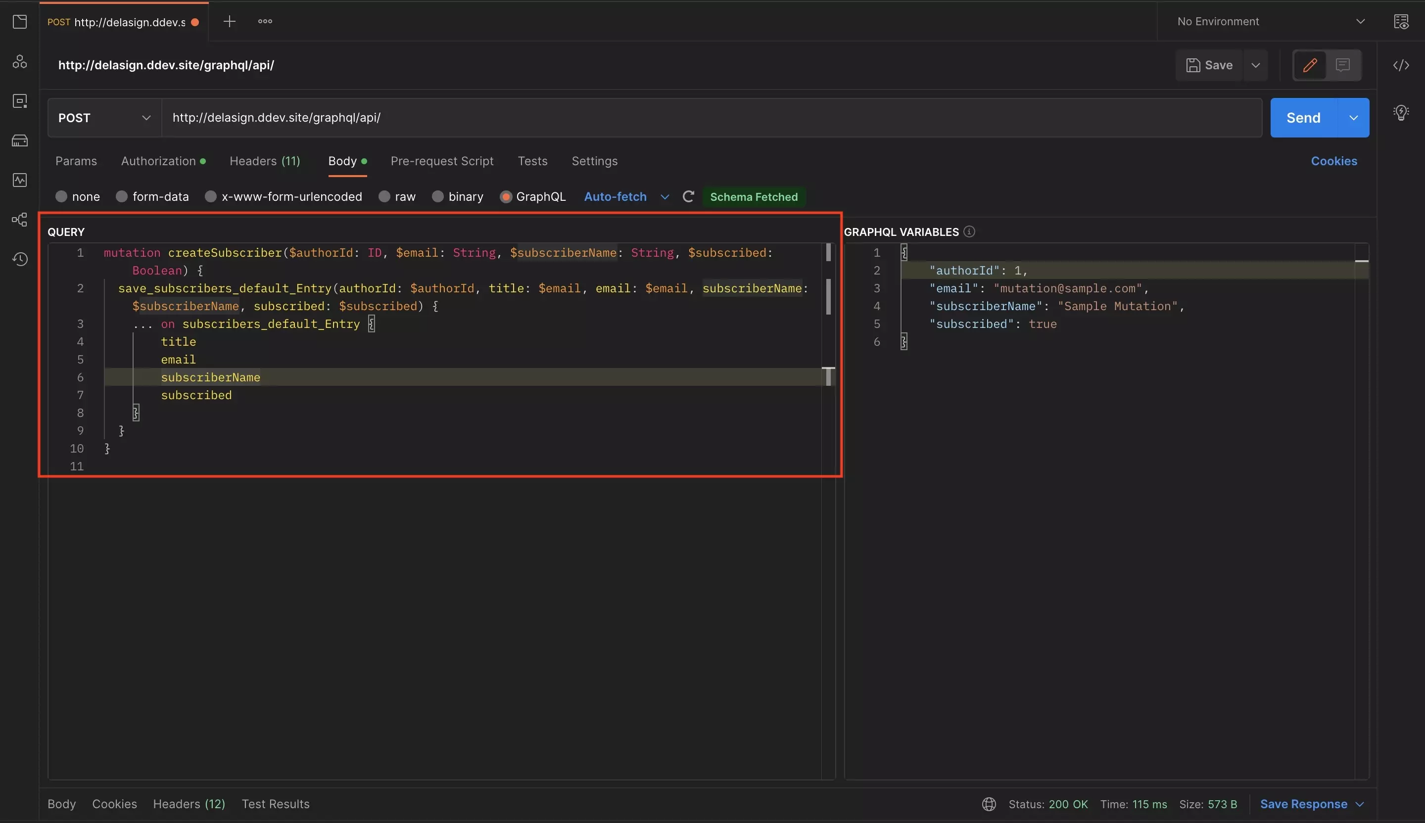 A screenshot of Postman with the completed GraphQL mutation. Highlighted is the Mutation Query.