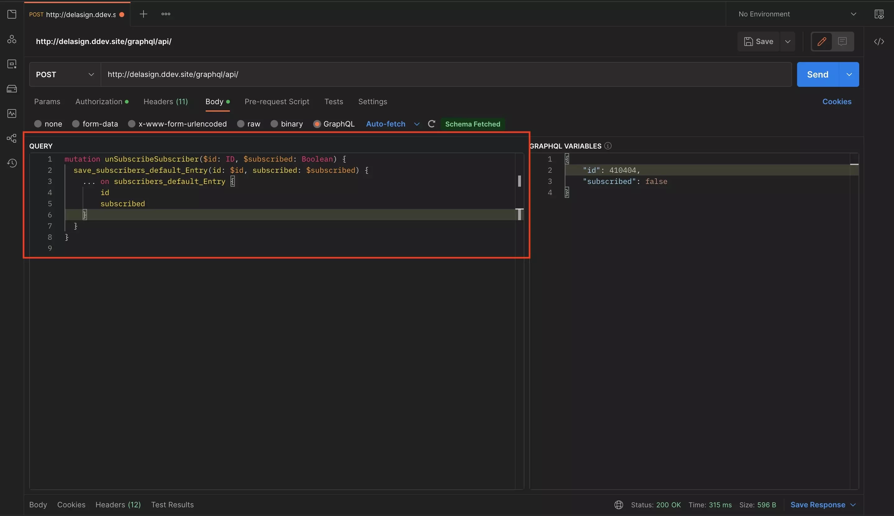 A screenshot of Postman with a completed GraphQL mutation and query. We have highlighted the GraphQL Query box that is found on the left side of the screen to inform you that this is where you write your mutation.