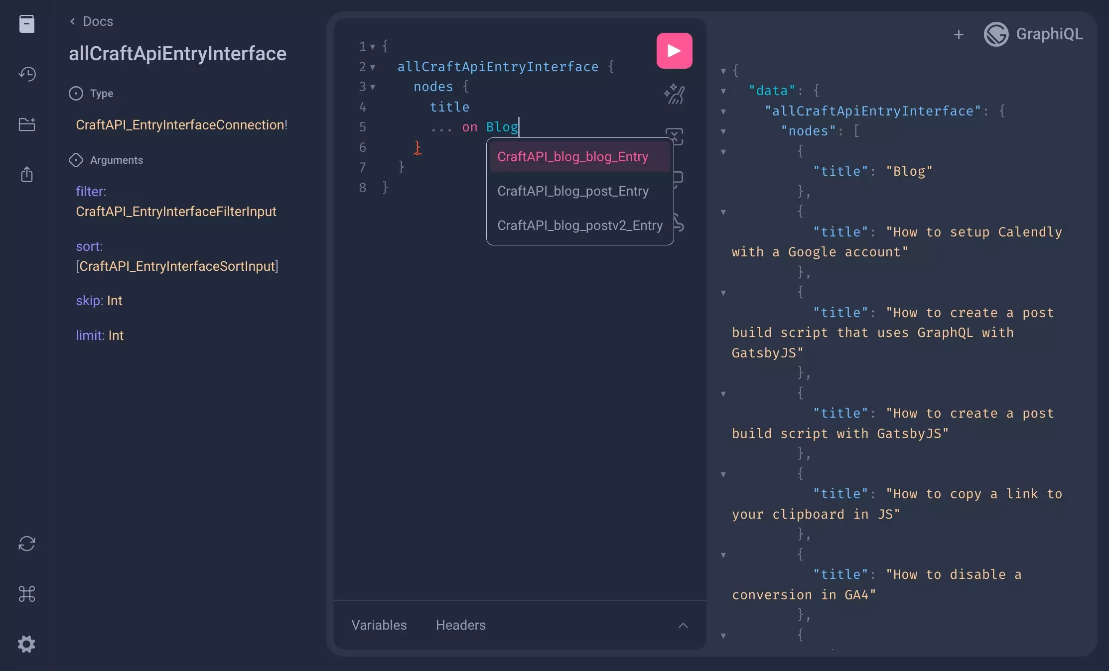 A screenshot of the Gatsby GraphiQL showing you that as you type Gatsby will prompt you with queries that fit resemble what you're typing.