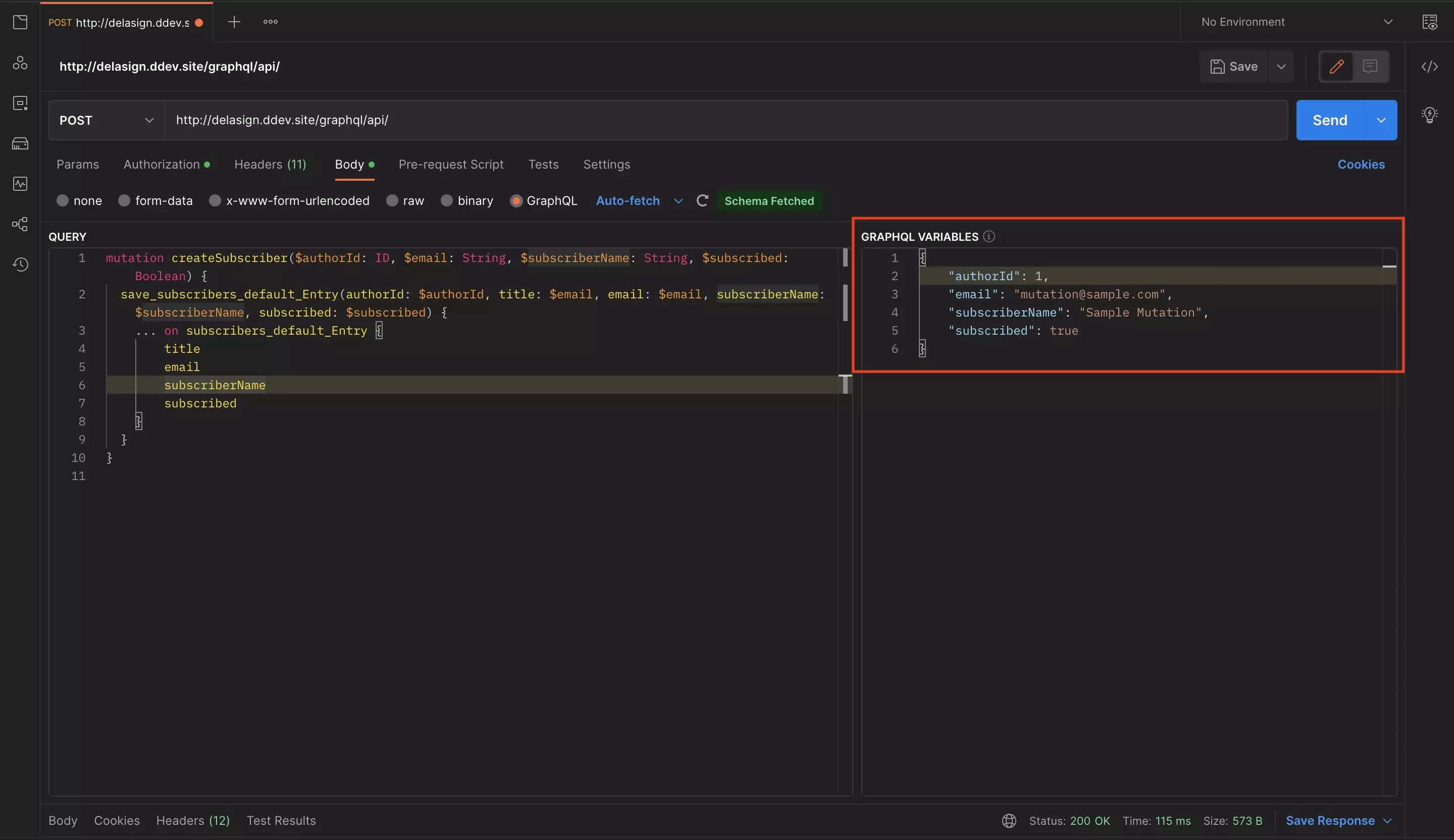 A screenshot of Postman with the completed mutation GraphQL call. Highlighted on the right side of the screen are the GraphQL variables that are used to create the entry.