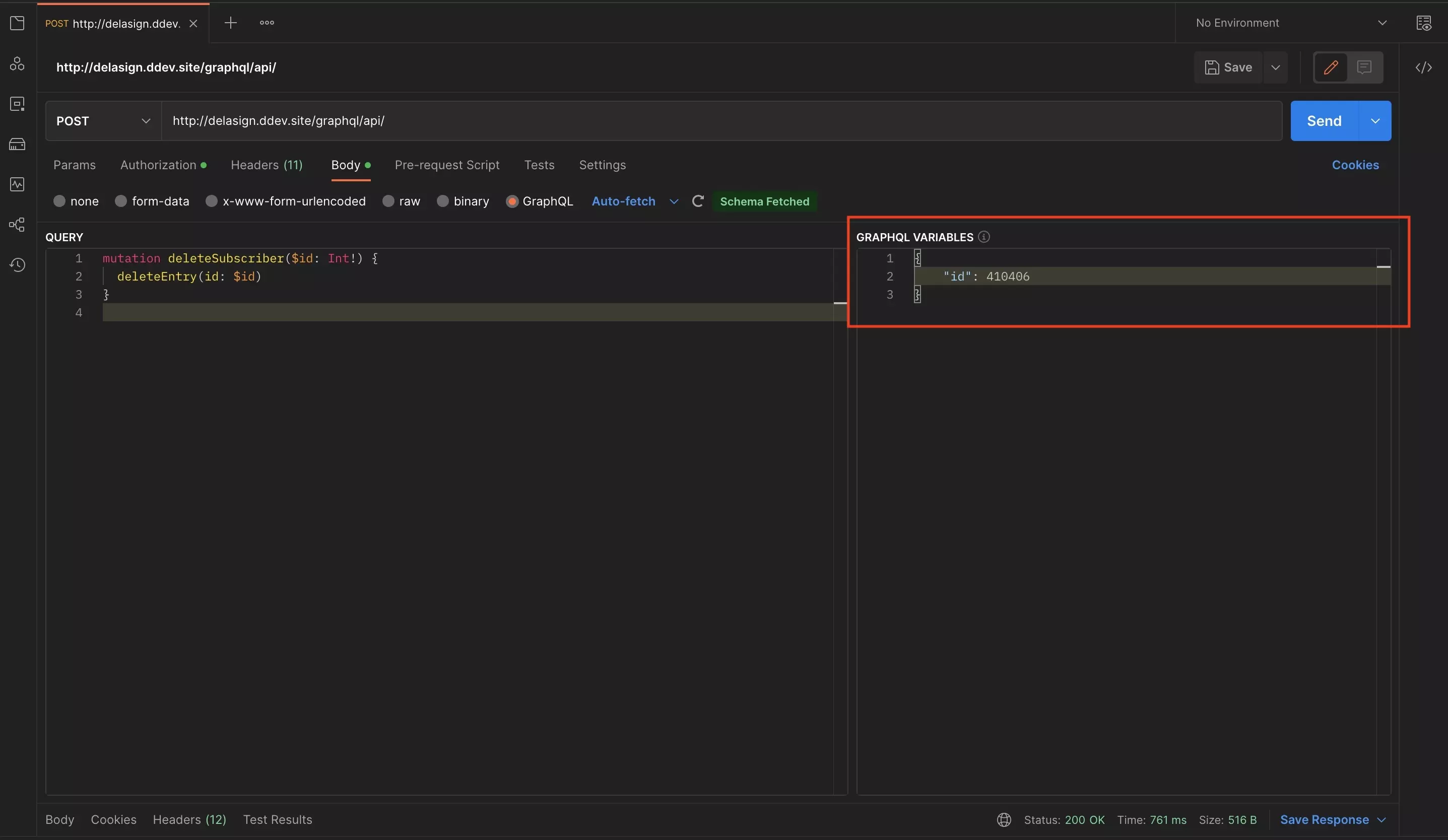 A screenshot of Postman with the complete GraphQL Mutation for deleting entries. Highlighted on the right is the Query Variables input box, where you must write the GraphQL Variables associated with the mutation.