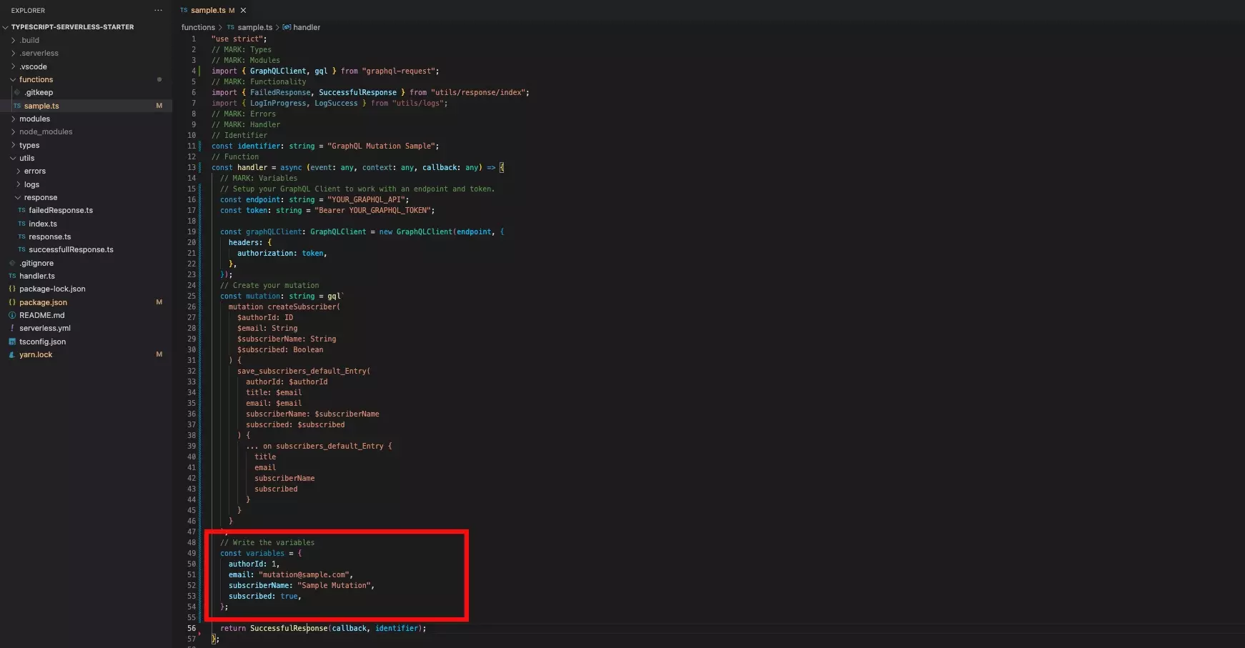 A screenshot of VSCode with the code up to this point. Highlighted are the GraphQL variables.