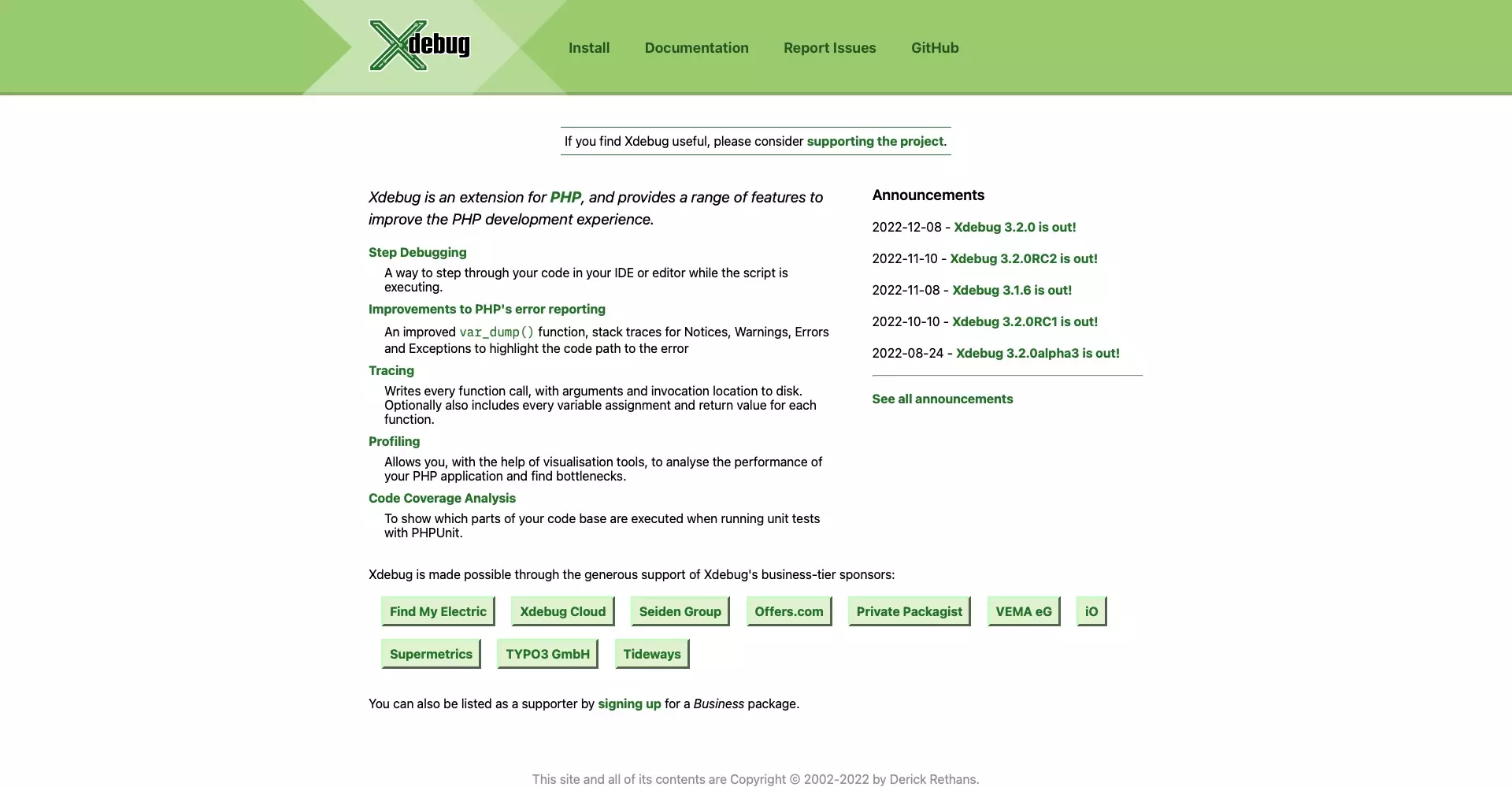 A screenshot of XDebug.org's landing page.