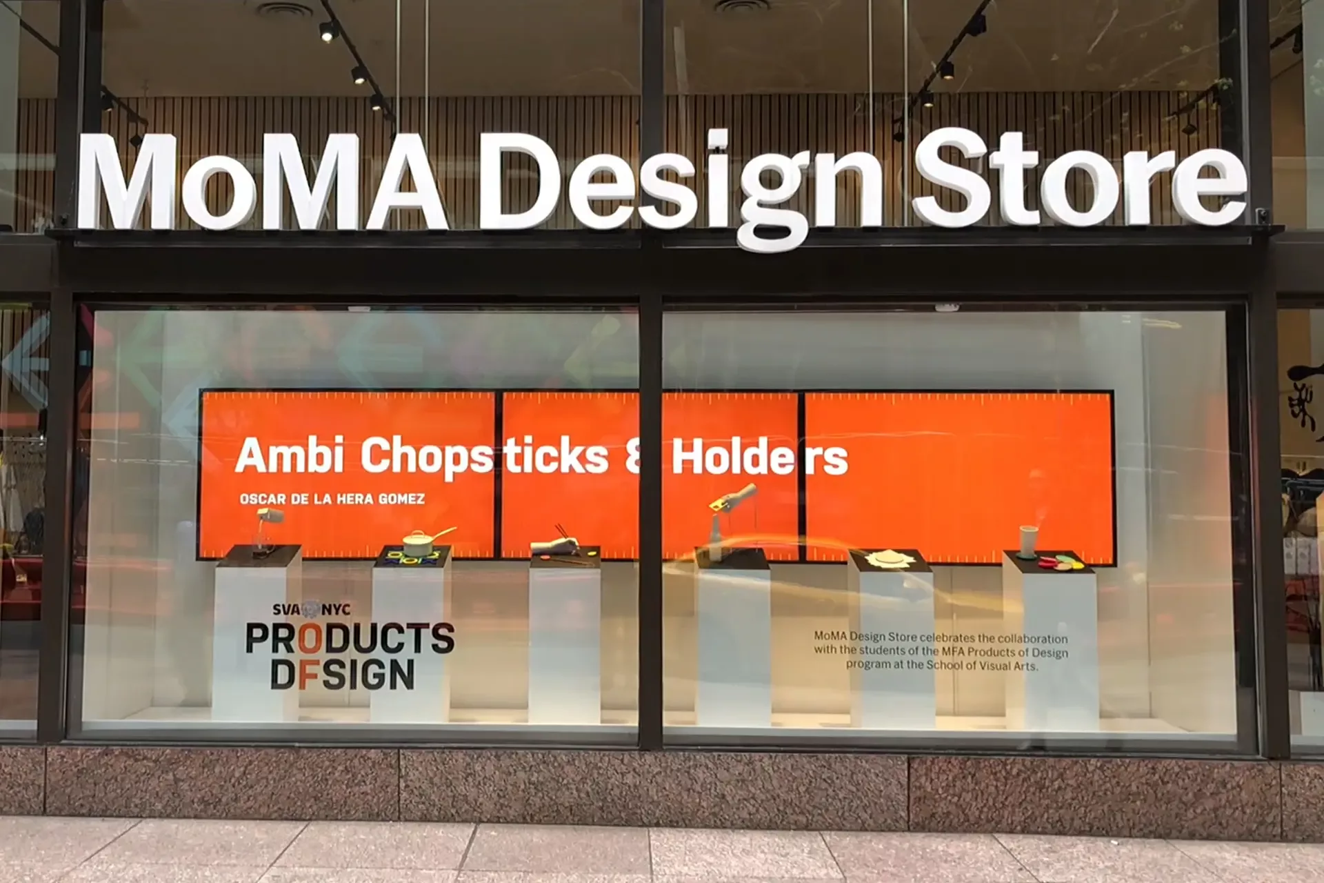 A picture of the Ambi Chopsticks & Holders being featured on the Midtown Manhattan MoMA Design Store.