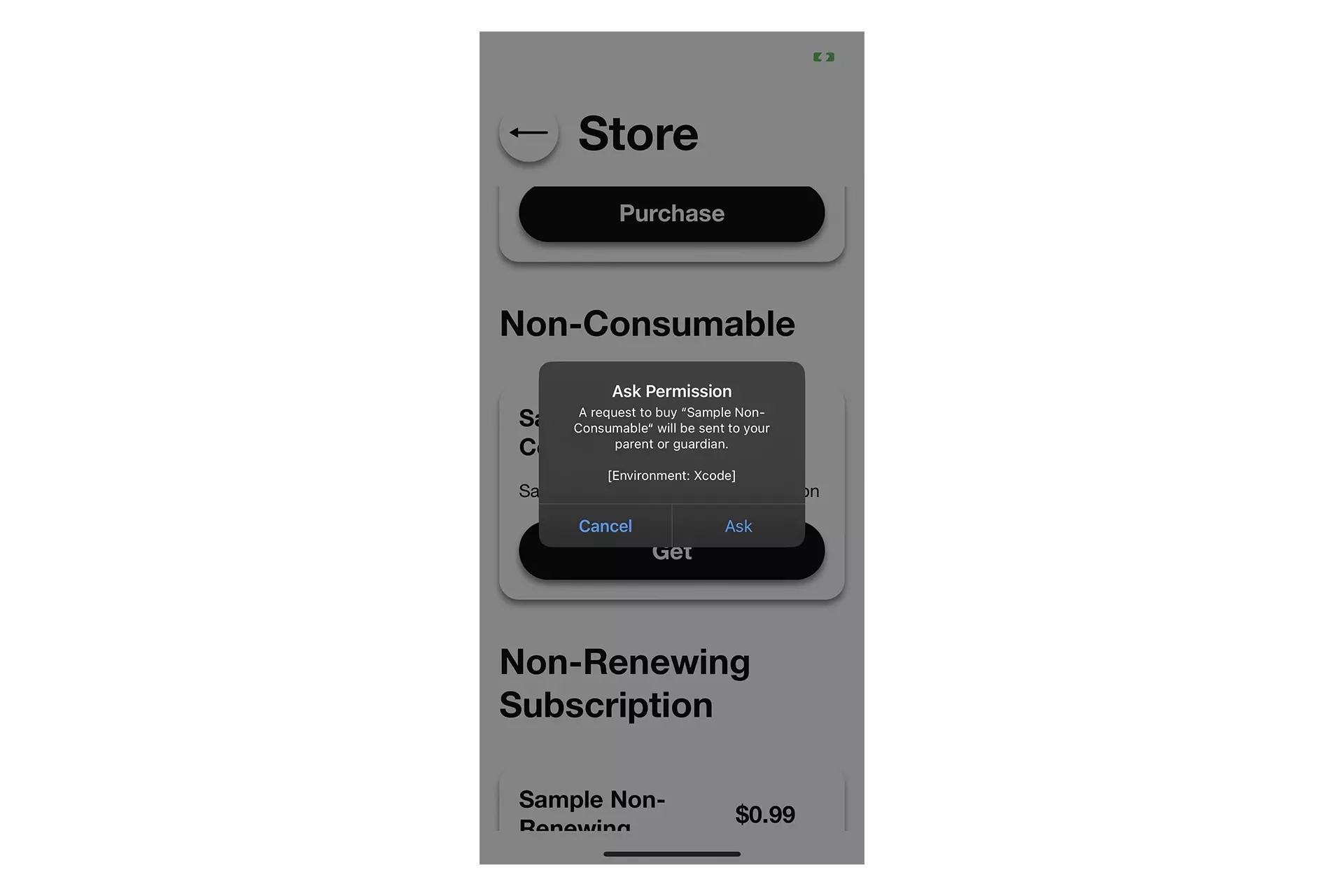 A screenshot of an iOS app asking for permission after requesting a purchase of a non-consumable in-app purchase.