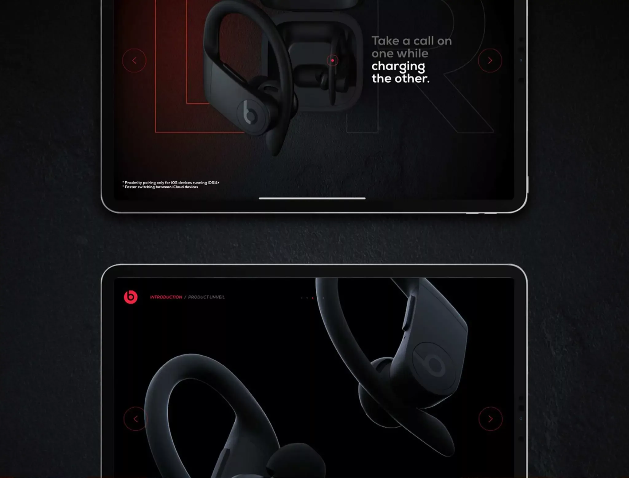 A snapshot of the Beats Tempo experience that informs the user that they can take a call on one of two headphones, while charging the other headphone.