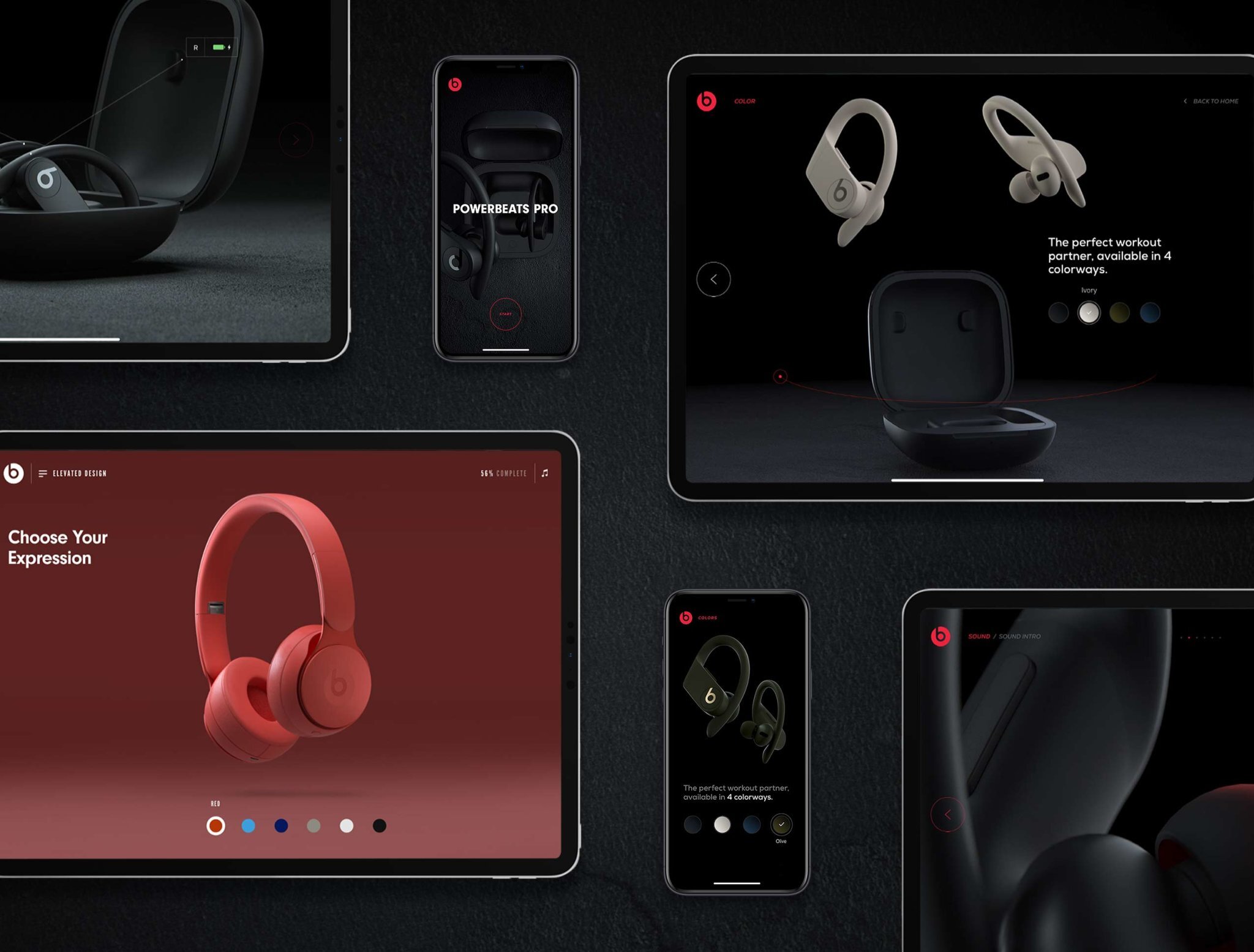 A mosiac of interfaces showing features and color options for the Solo Pro 3 and Powerbeats Pro.