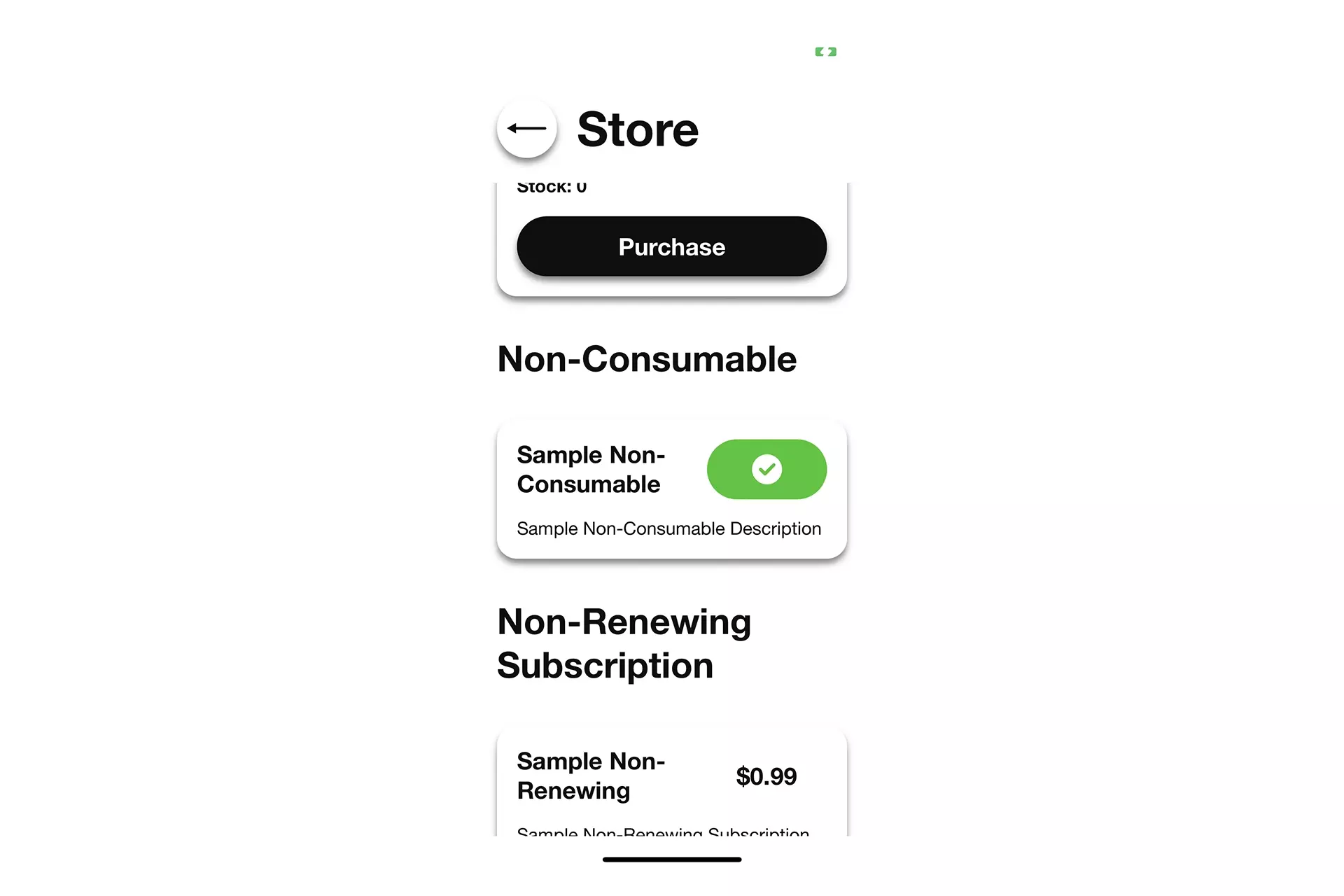 A screenshot of an iOS app showing a non-consumable in-app purchase in a purchased state.