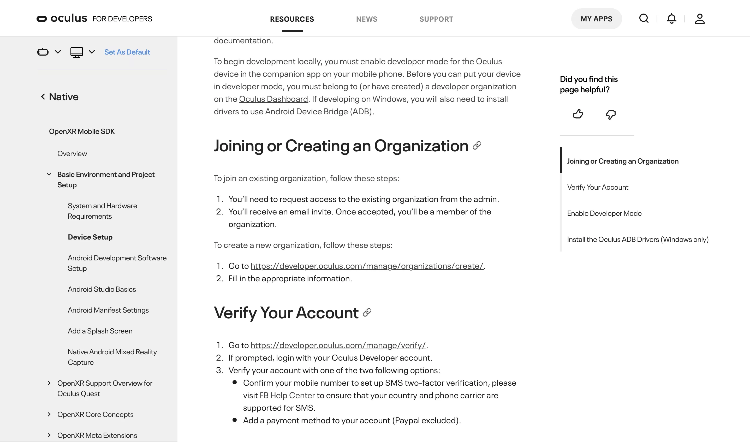 A screenshot of the Oculus Developer documentation on how to create a developer organization.