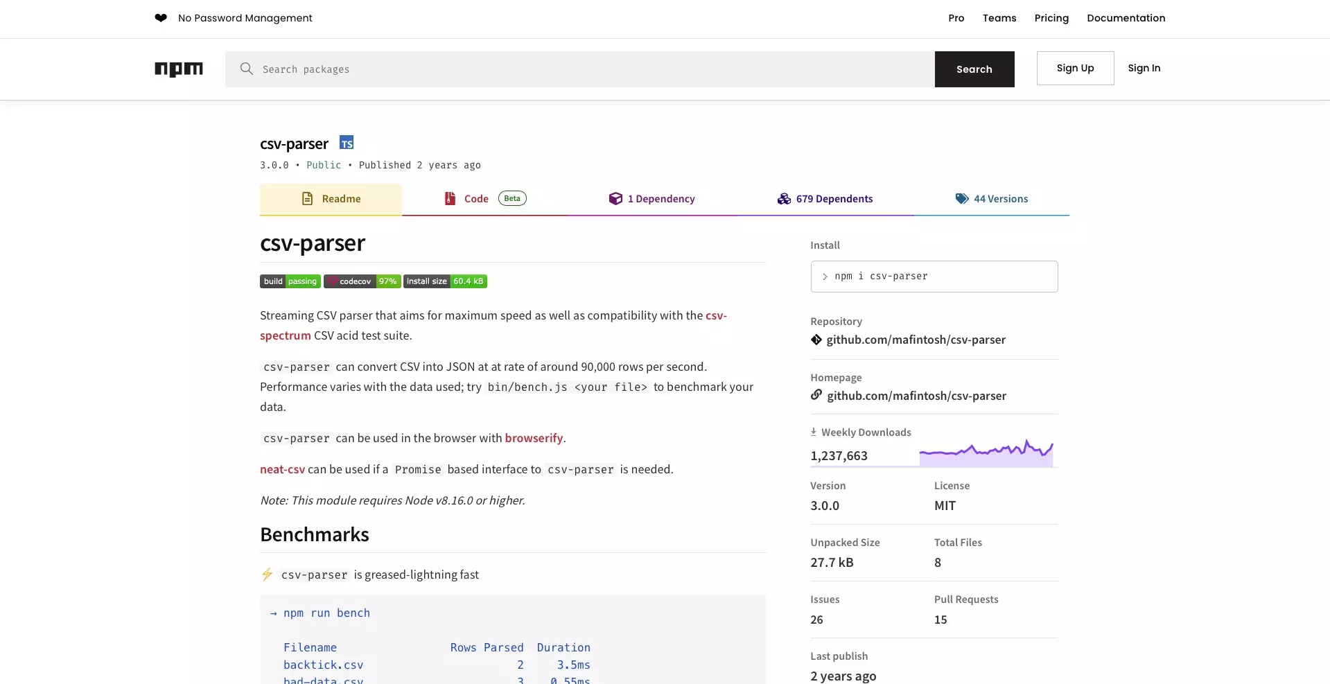 The NPM page for the csv-parser package.