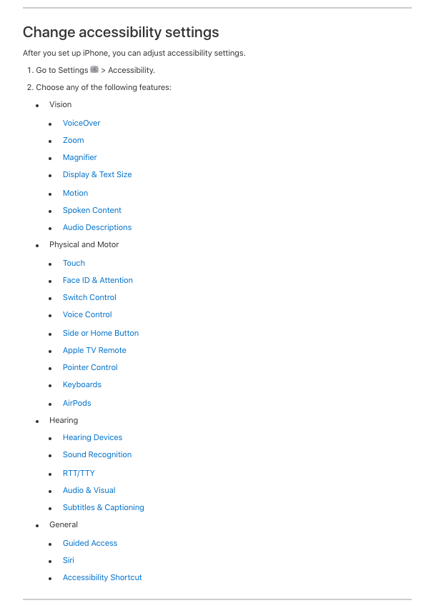 A list of the available accessibility options on iOS.