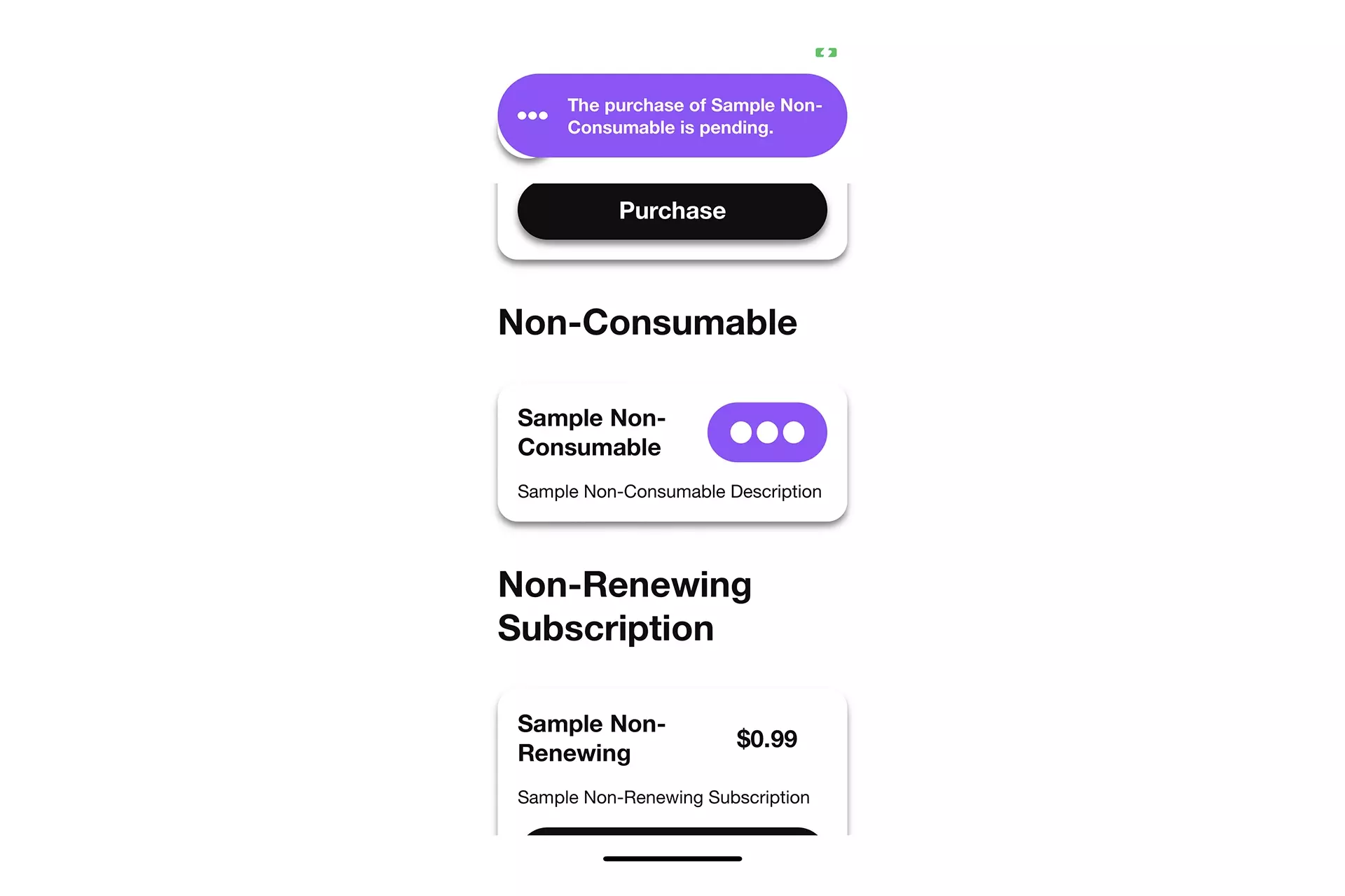 A screenshot of an iOS app showing a non-consumable in-app purchase in a pending state.