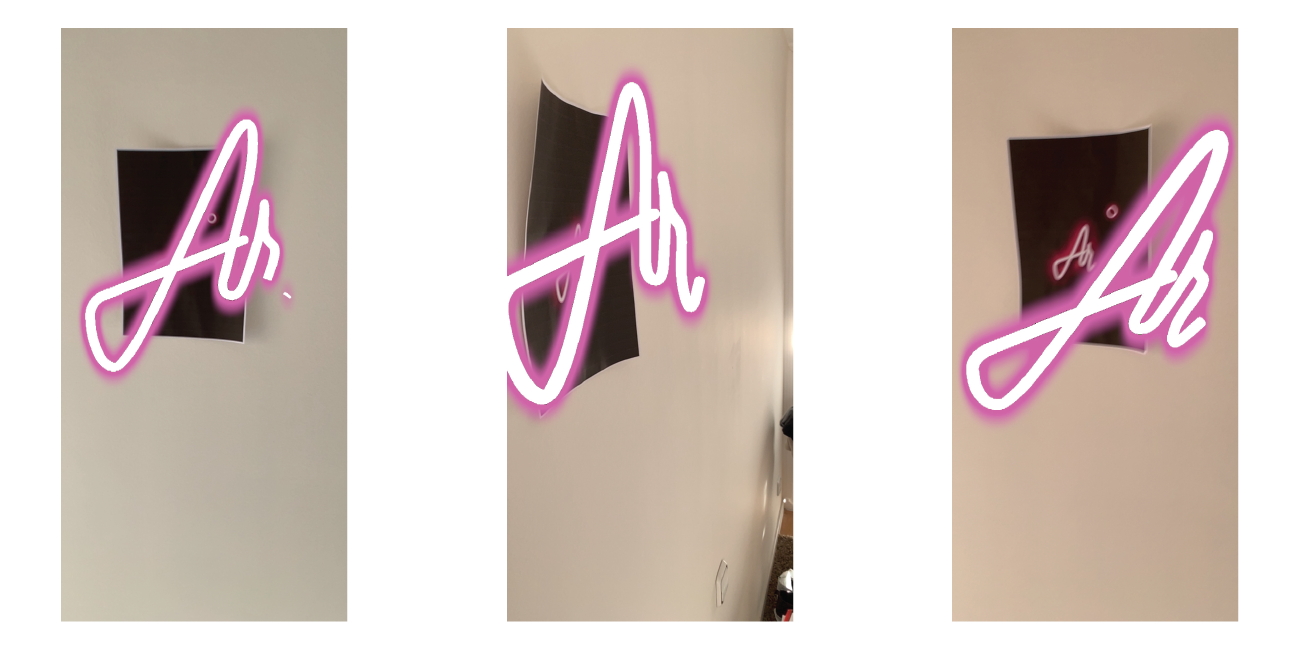 An augmented reality, 3 dimensional word that spells 'Ar' in neon pink.