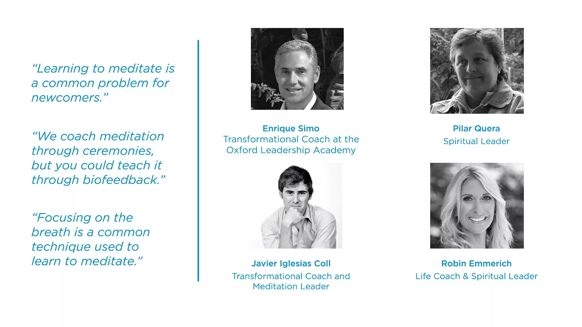 A slide showing experts on meditation and their findings.