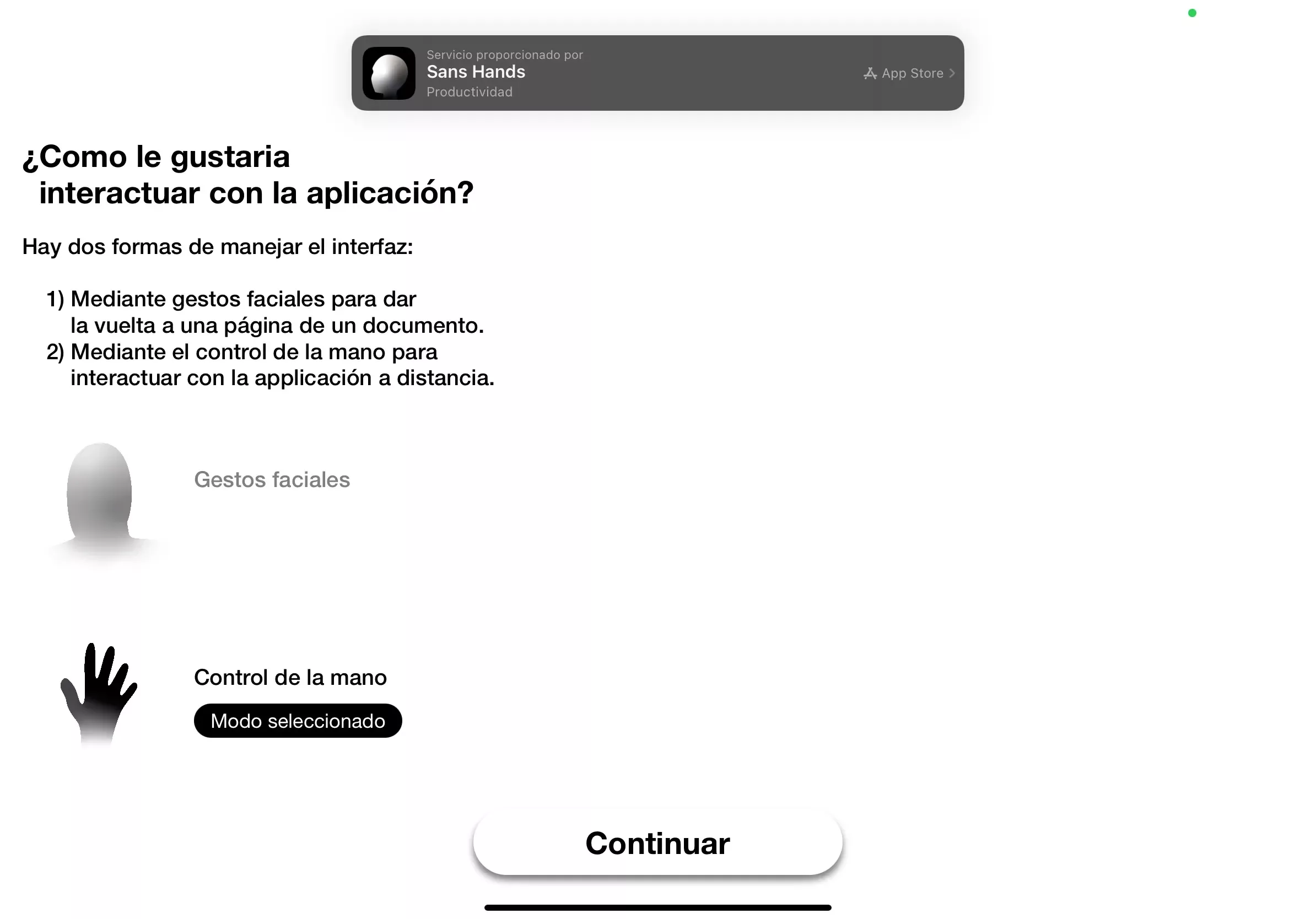 An image of the intial Sans Hands tutorial screen in Spanish, with a link to download it from the Apple App store.