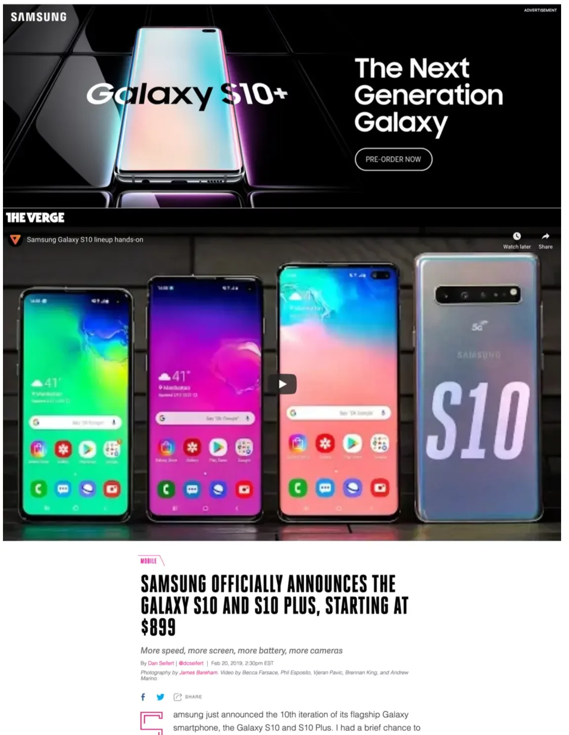 The Samsung Galaxy S10 online advertising as seen on the Verge.