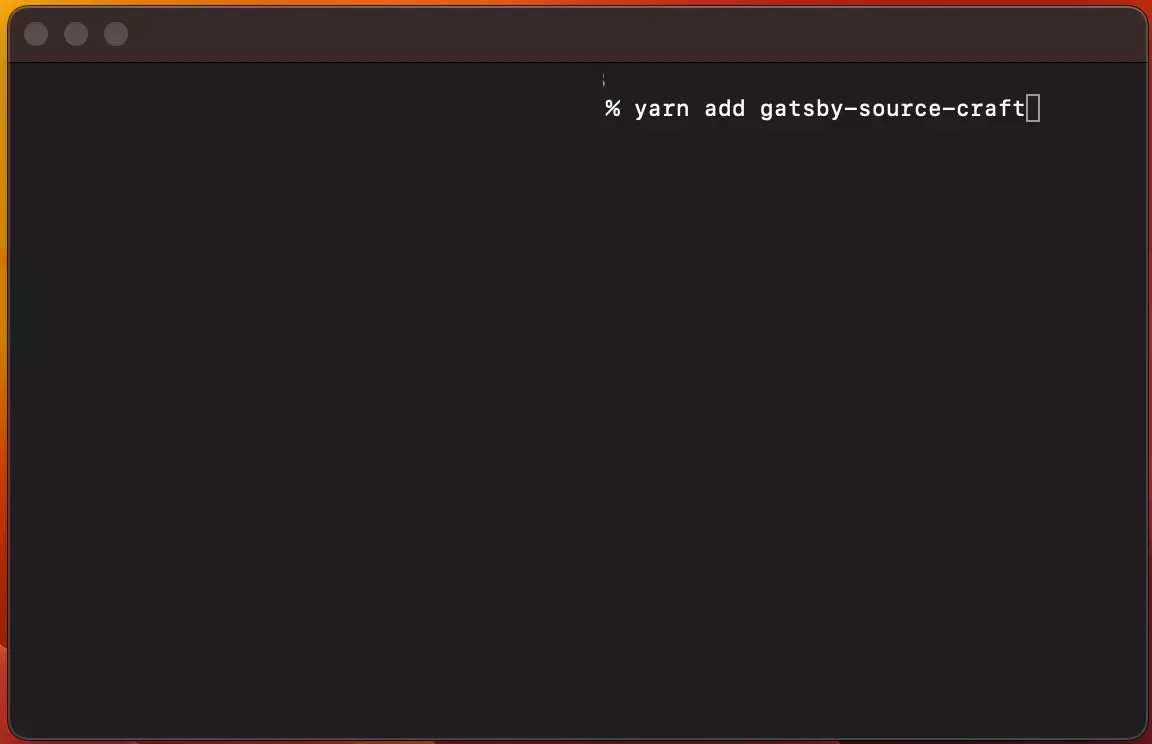 <p>A screenshot of terminal showing you how to add the gatsby-source-craft plugin to Gatsby. Code available below.</p>
