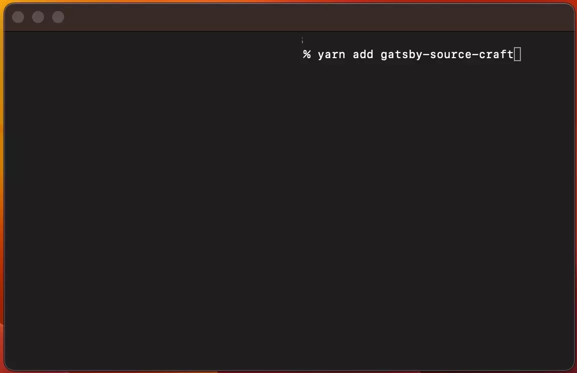 A screenshot of terminal showing you how to add the gatsby-source-craft plugin to Gatsby. Code available below.